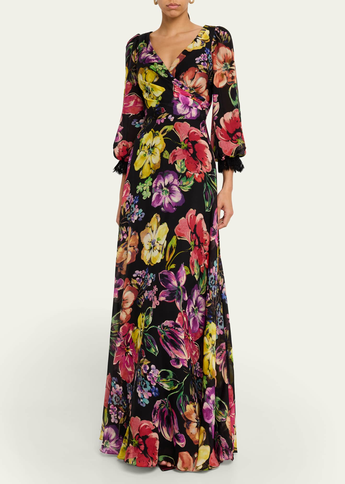 Rickie Freeman for Teri Jon Floral-Print Surplice Silk Gown Image 2 of 5