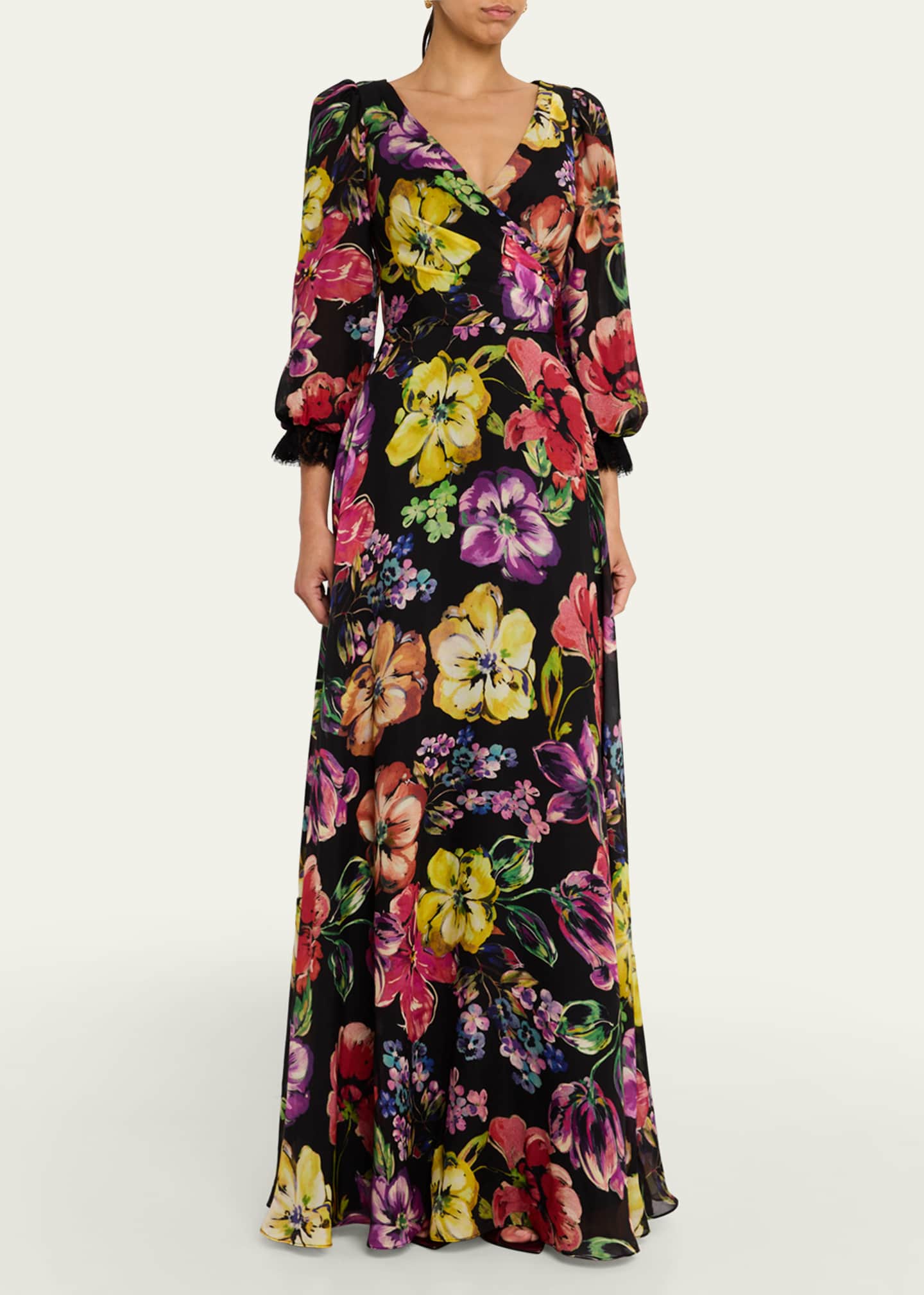 Rickie Freeman for Teri Jon Floral-Print Surplice Silk Gown Image 4 of 5