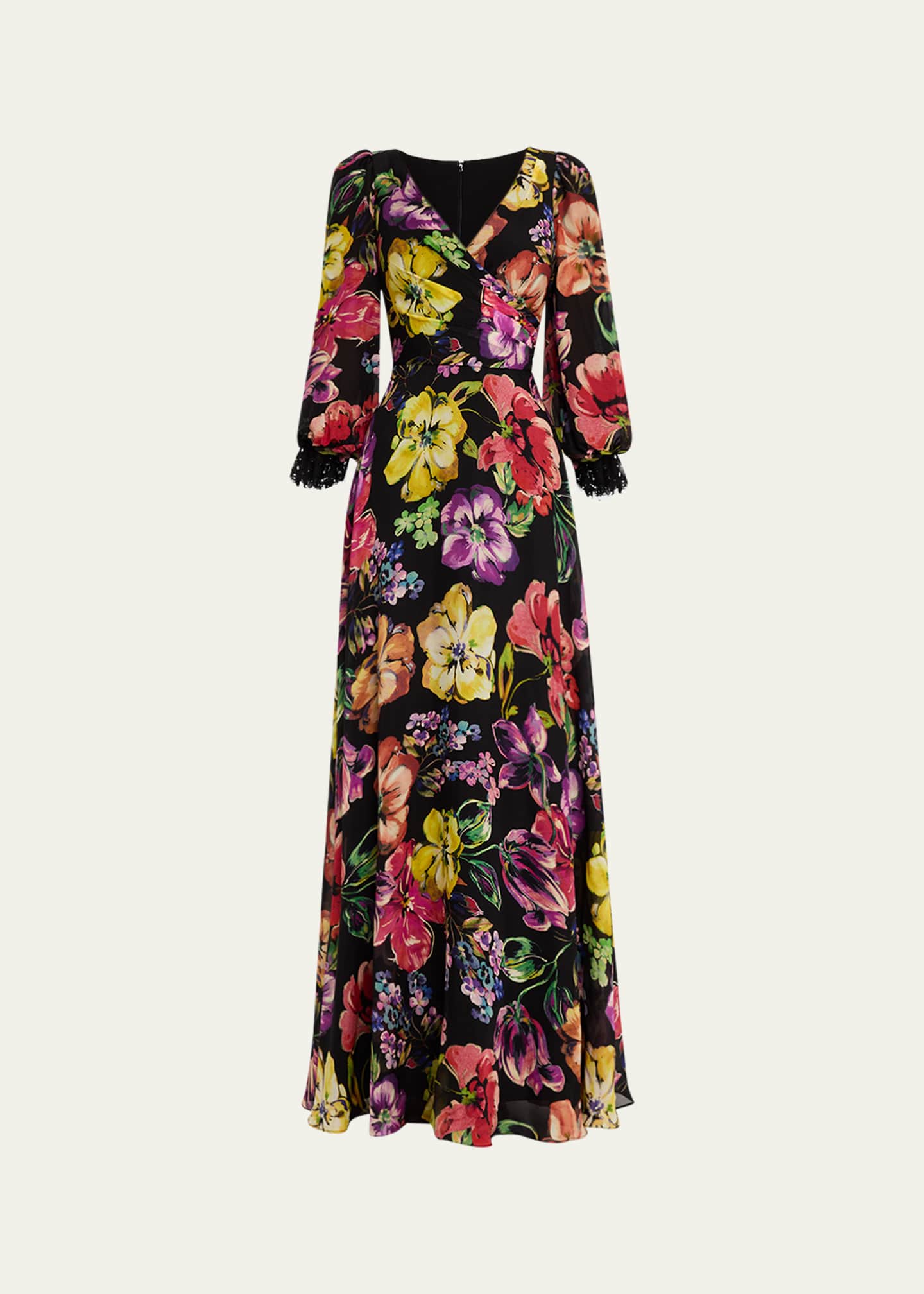 Rickie Freeman for Teri Jon Floral-Print Surplice Silk Gown Image 1 of 5
