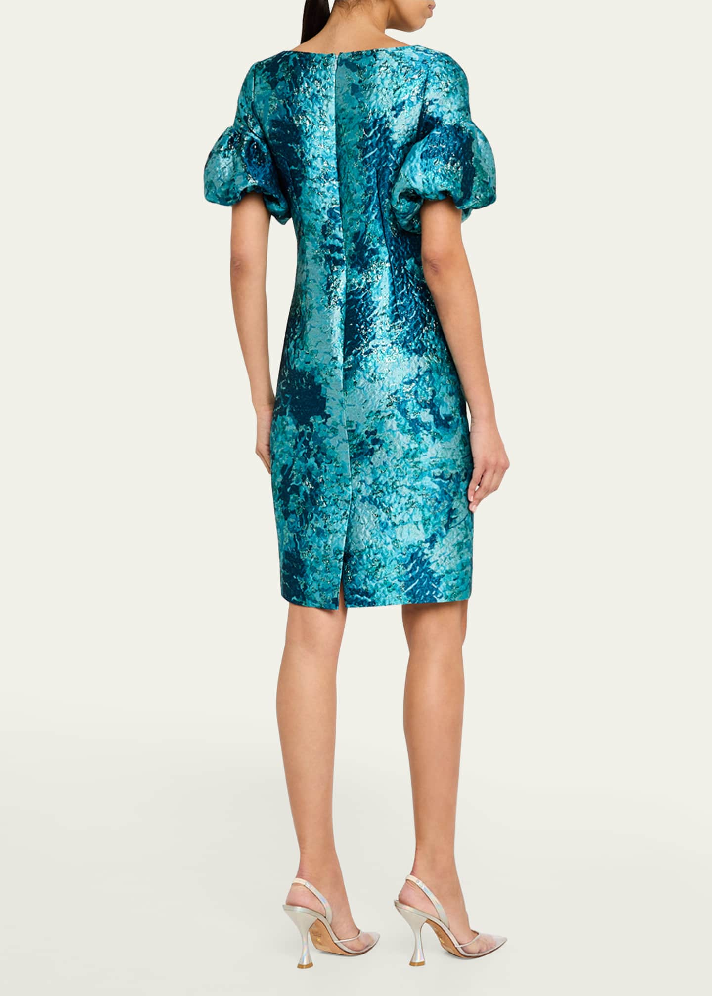 Rickie Freeman for Teri Jon Puff-Sleeve Metallic Jacquard Dress Image 3 of 5