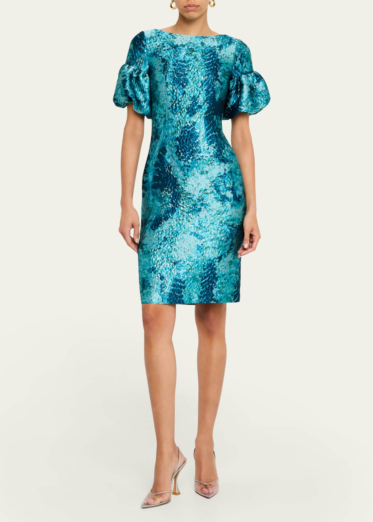 Rickie Freeman for Teri Jon Puff-Sleeve Metallic Jacquard Dress Image 4 of 5