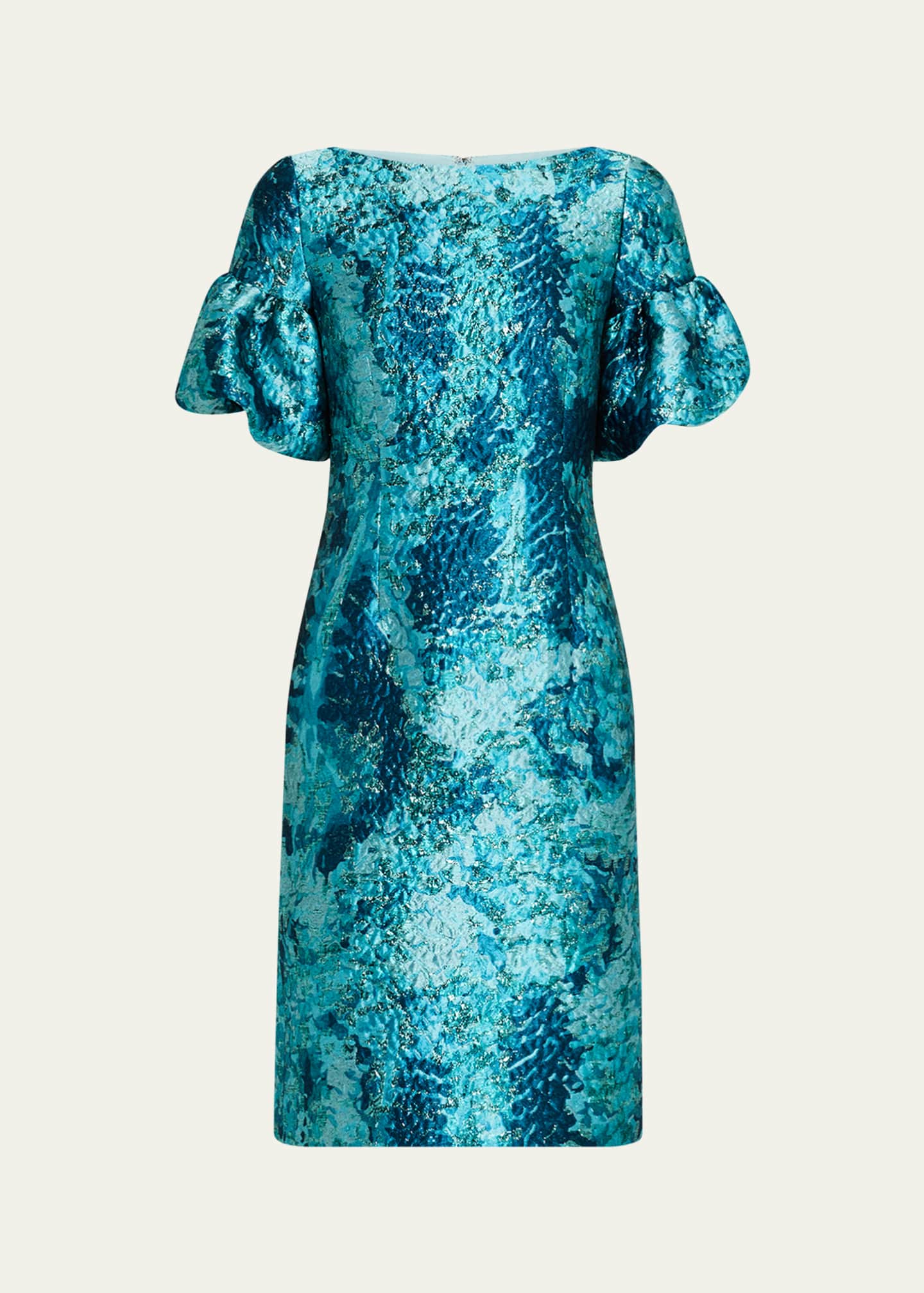 Rickie Freeman for Teri Jon Puff-Sleeve Metallic Jacquard Dress Image 1 of 5