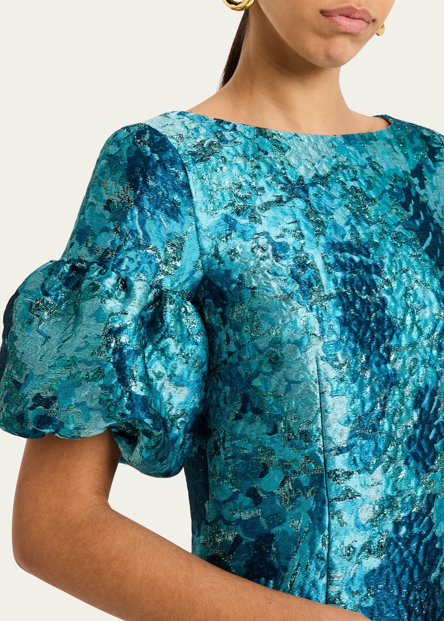 Rickie Freeman for Teri Jon Puff-Sleeve Metallic Jacquard Dress Image 5 of 5
