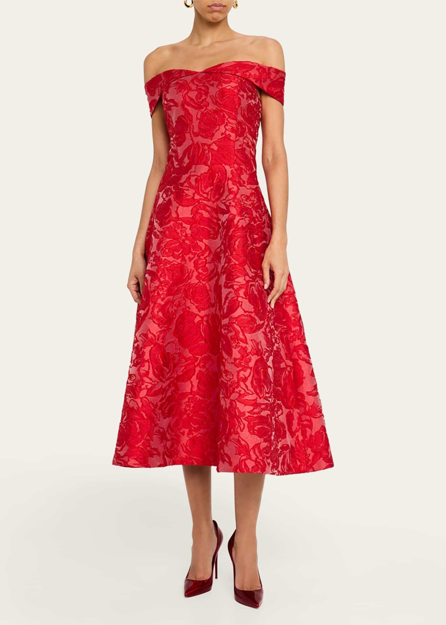 Rickie Freeman for Teri Jon Off-Shoulder Floral Jacquard Midi Dress Image 2 of 5