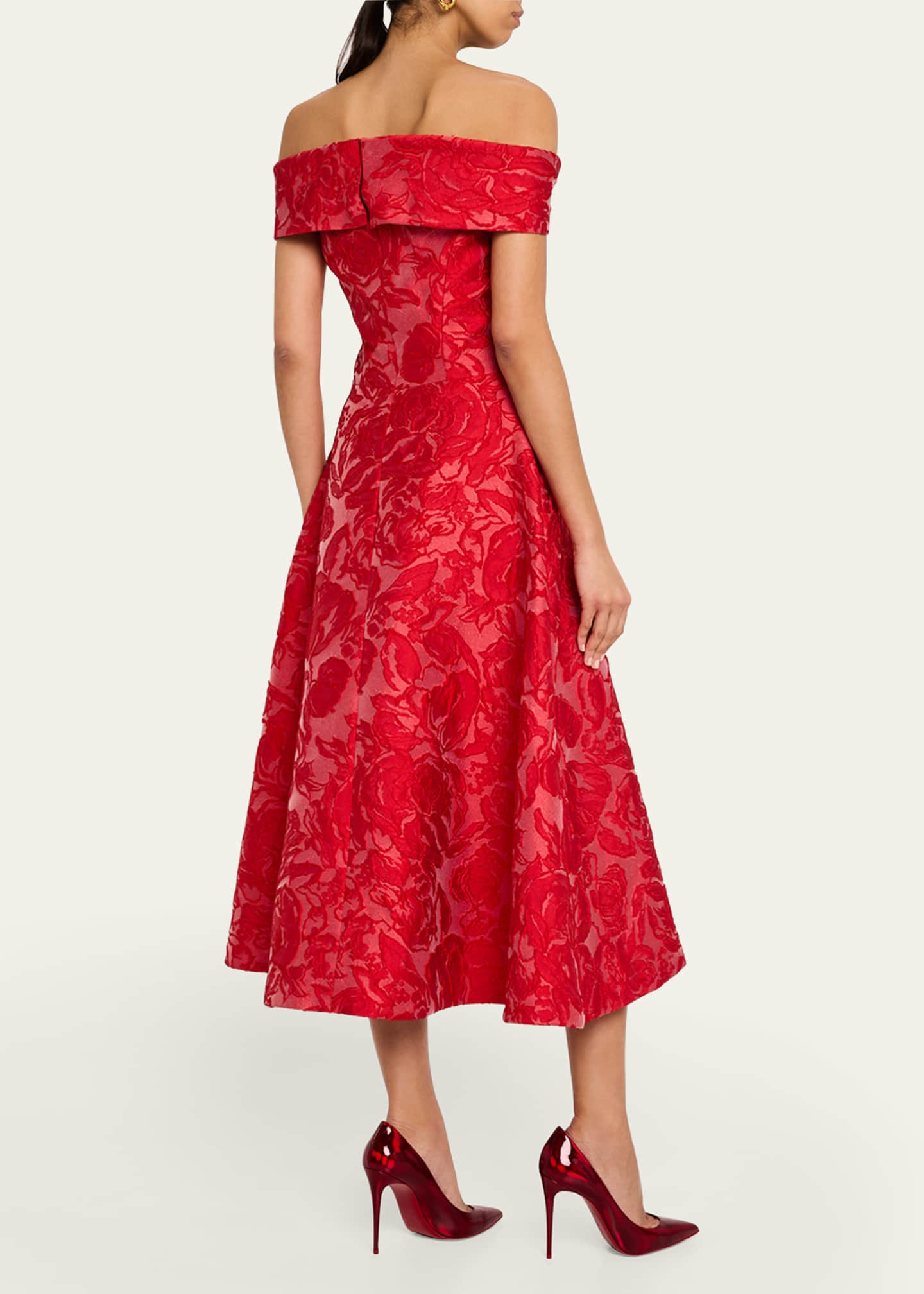 Rickie Freeman for Teri Jon Off-Shoulder Floral Jacquard Midi Dress Image 3 of 5