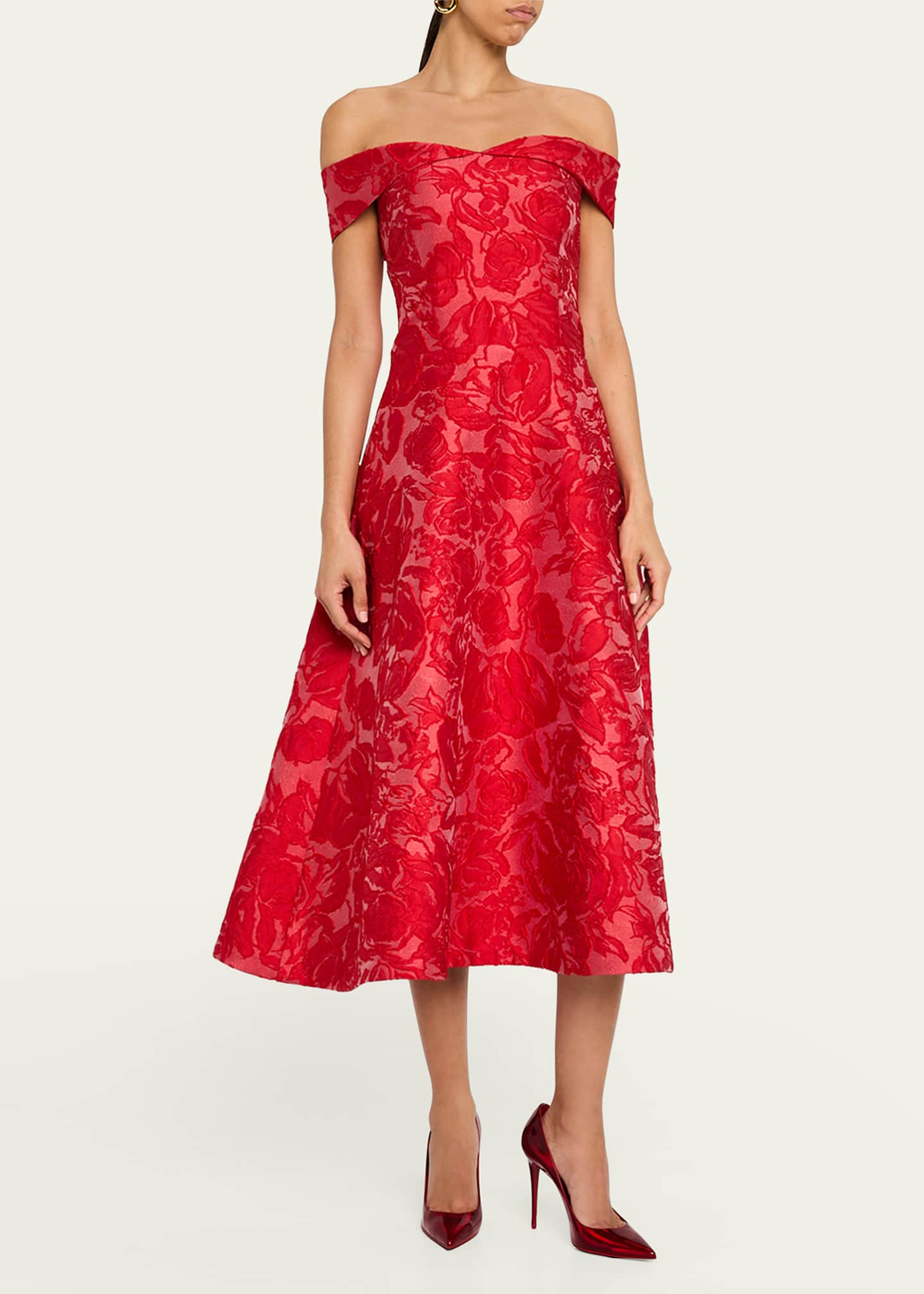 Rickie Freeman for Teri Jon Off-Shoulder Floral Jacquard Midi Dress Image 4 of 5