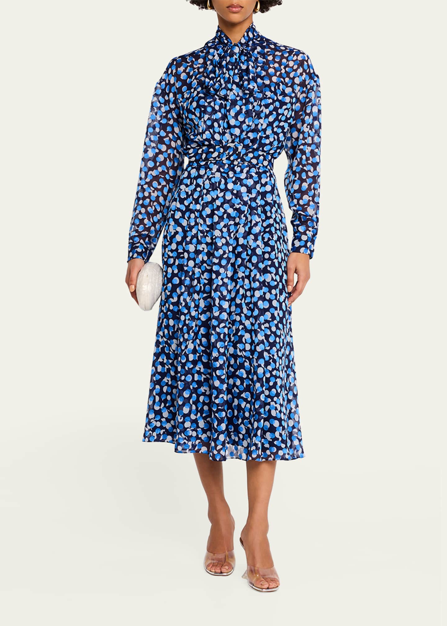 Rickie Freeman for Teri Jon Tie-Neck Polka Dot Chiffon Midi Dress Image 2 of 5