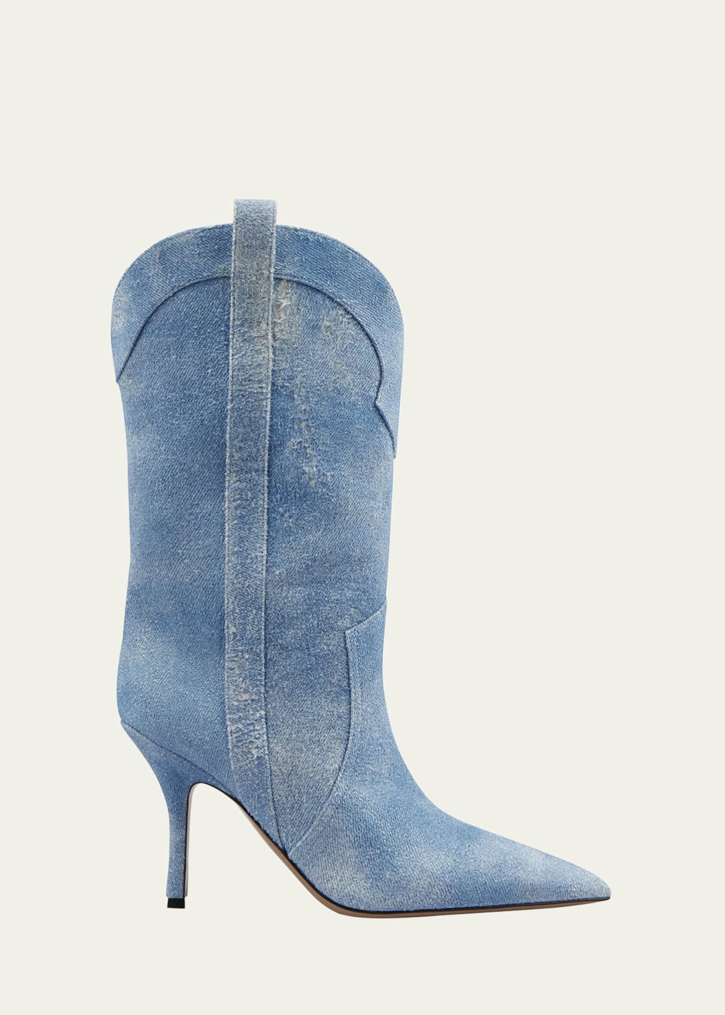 Paris Texas Paloma Denim Effect Suede Stiletto Western Booties
