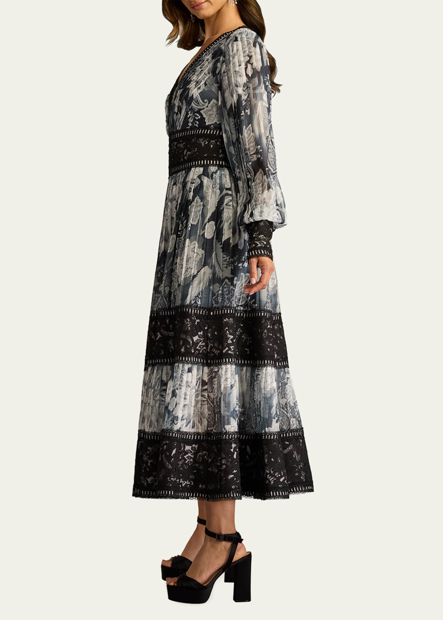 Tadashi Shoji Pleated Lace Tiered Floral-Print Midi Dress Image 4 of 5