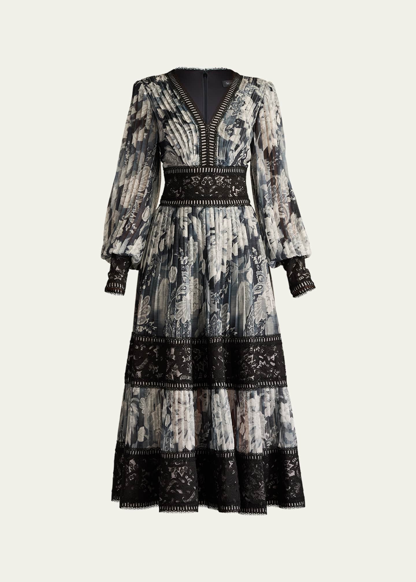 Tadashi Shoji Pleated Lace Tiered Floral-Print Midi Dress