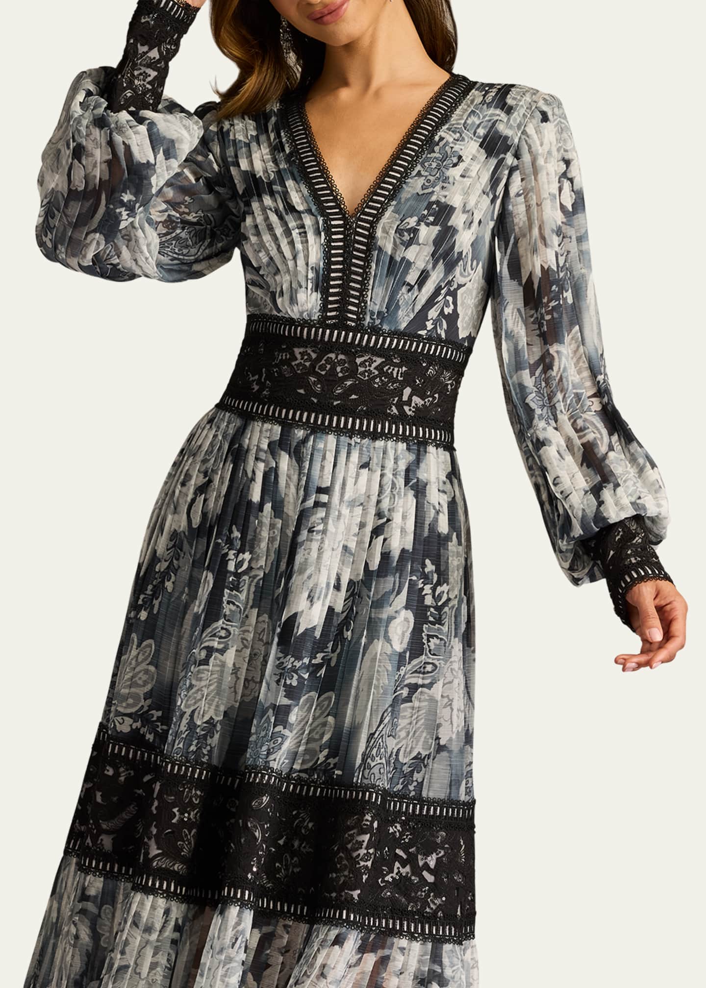 Tadashi Shoji Pleated Lace Tiered Floral-Print Midi Dress