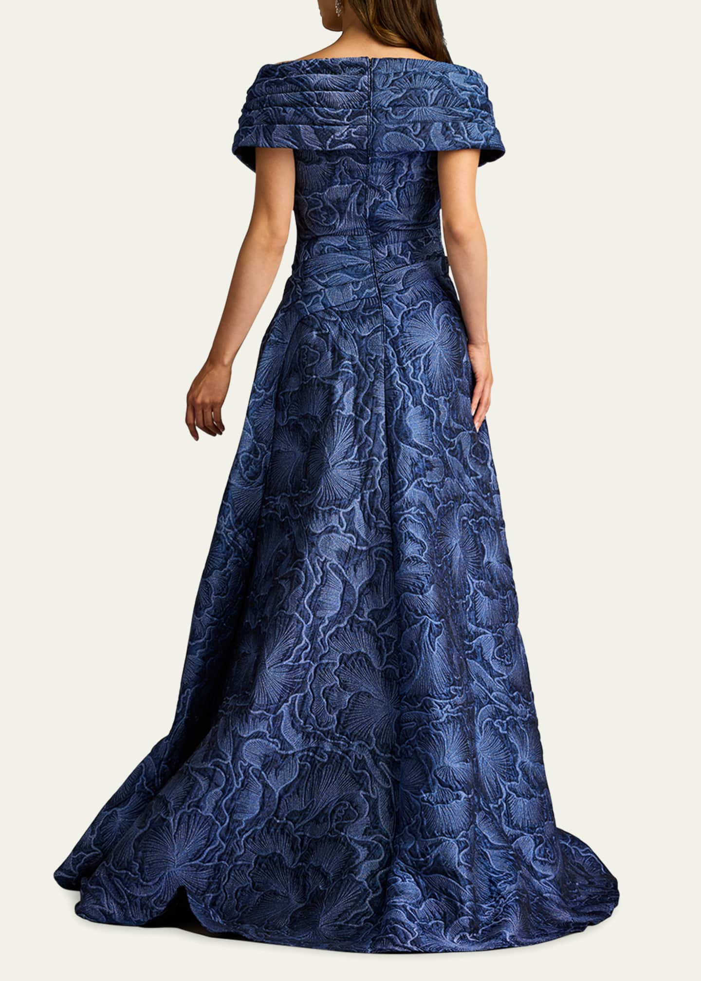 Tadashi Shoji Pleated Off-Shoulder Floral Jacquard Gown Image 3 of 5