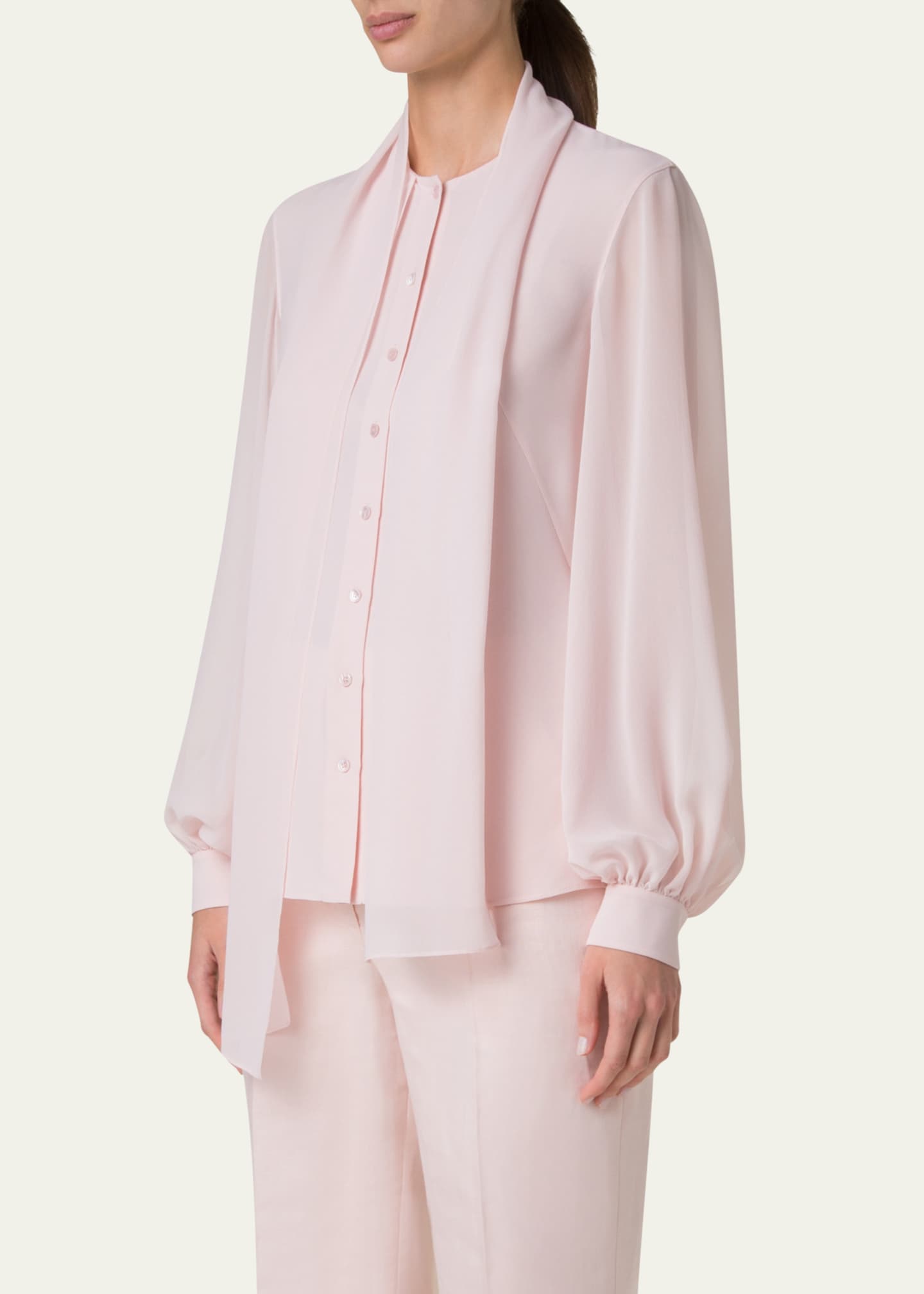 Akris Button-Down Silk Georgette Scarf Blouse Image 4 of 5