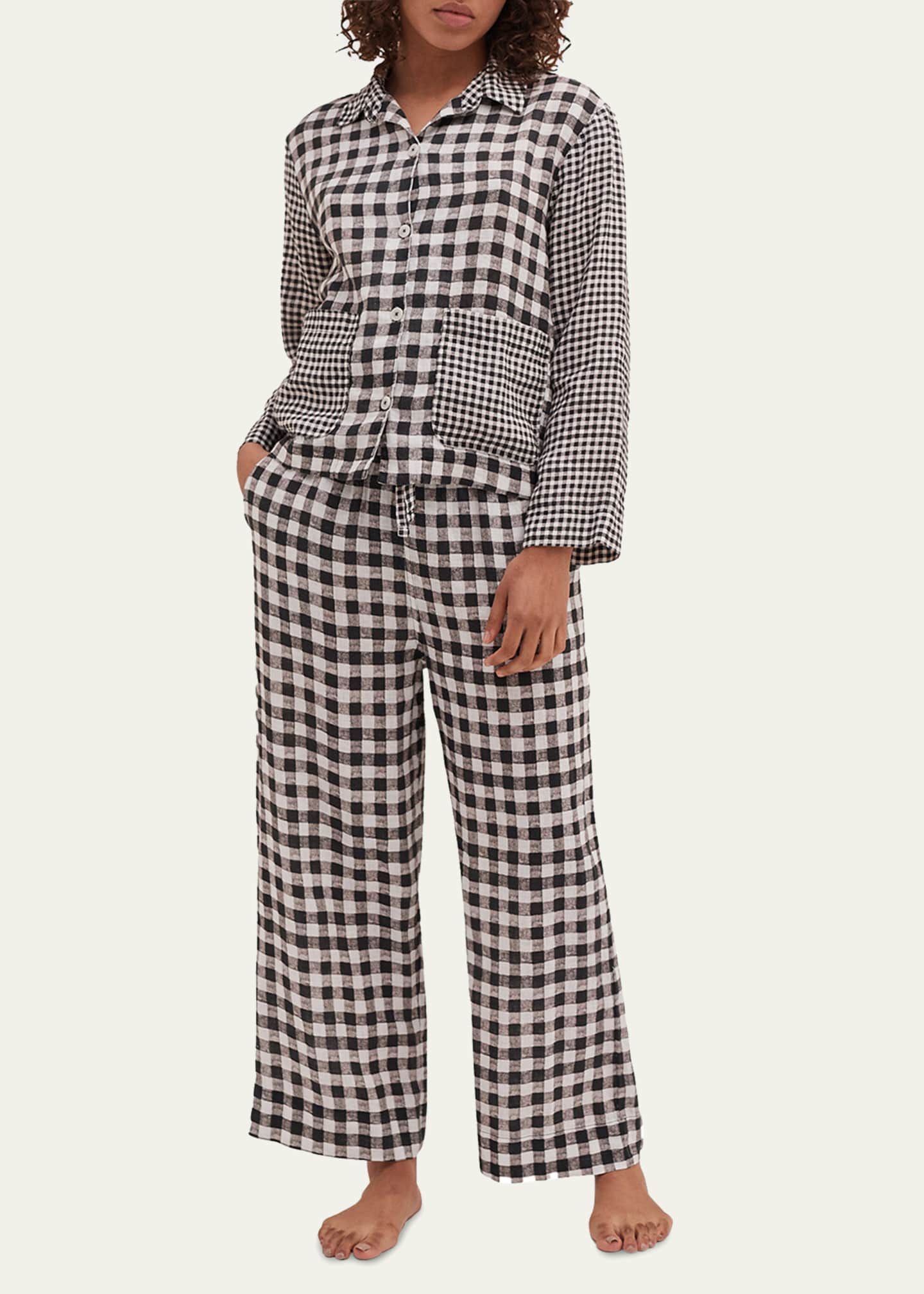 Desmond & Dempsey Cropped Gingham-Print Linen Pajama Set Image 2 of 4