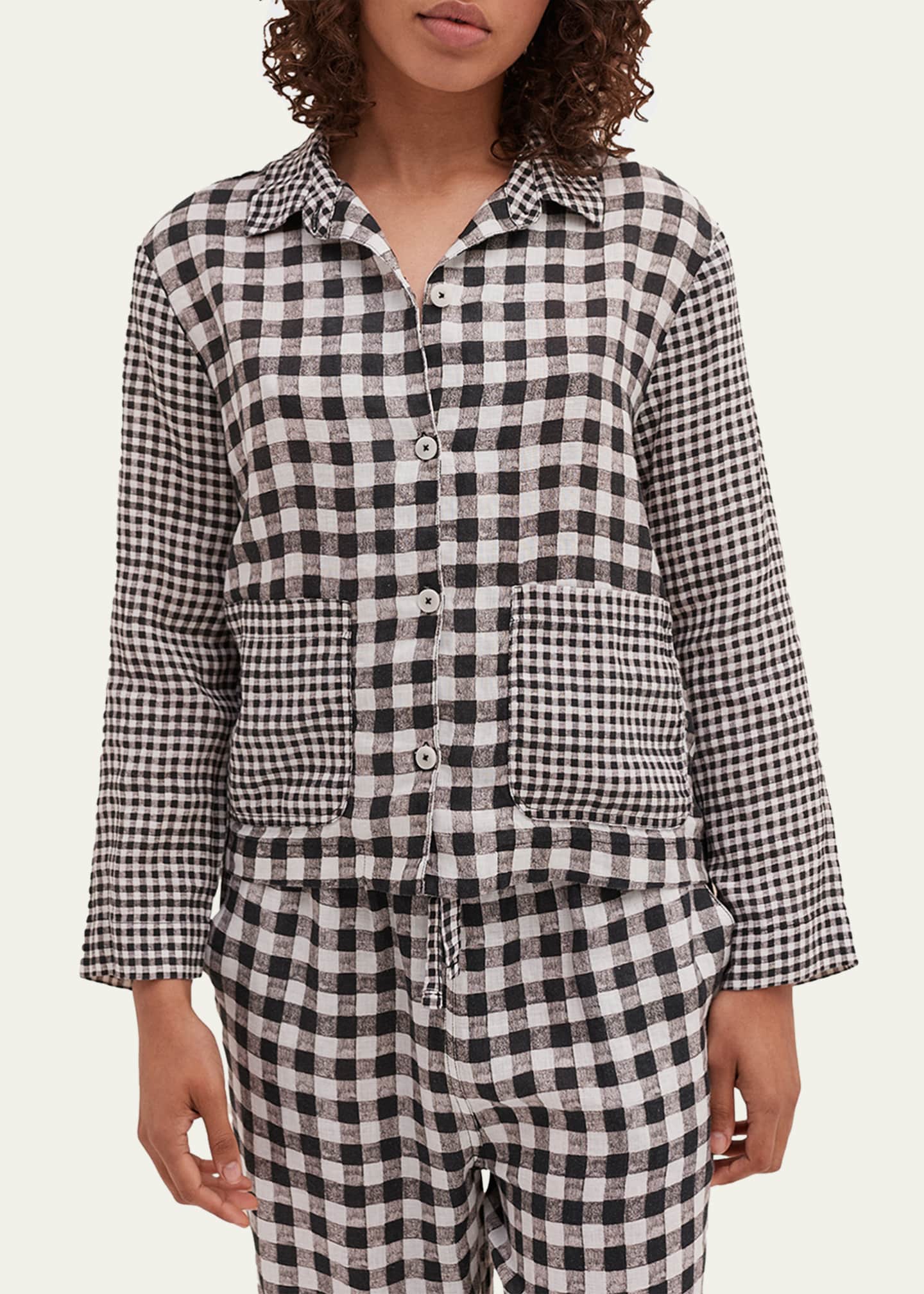 Desmond & Dempsey Cropped Gingham-Print Linen Pajama Set Image 4 of 4