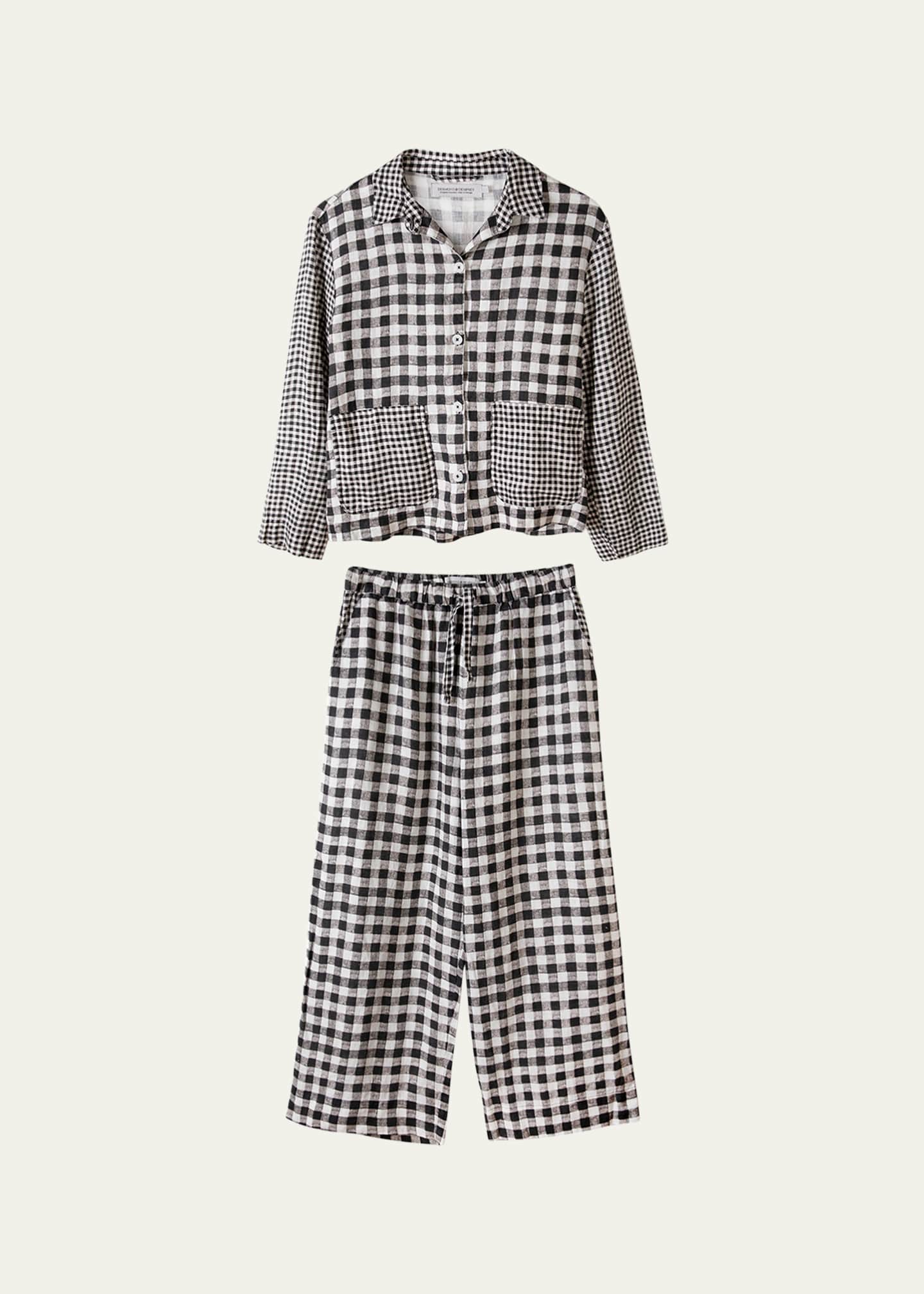 Desmond & Dempsey Cropped Gingham-Print Linen Pajama Set Image 1 of 4