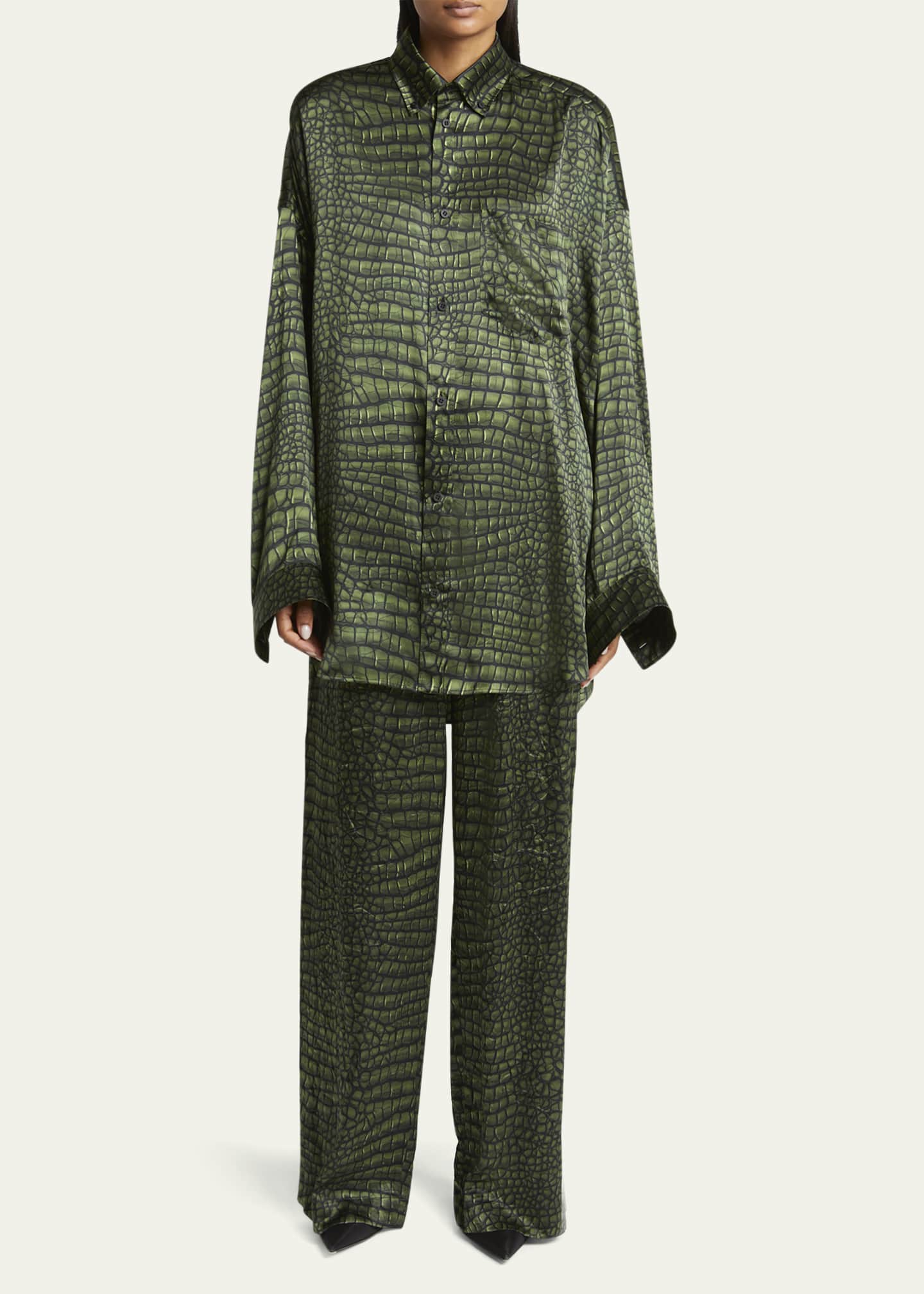 Balenciaga Crocodile Print Satin Button Down Cocoon Blouse Image 2 of 5
