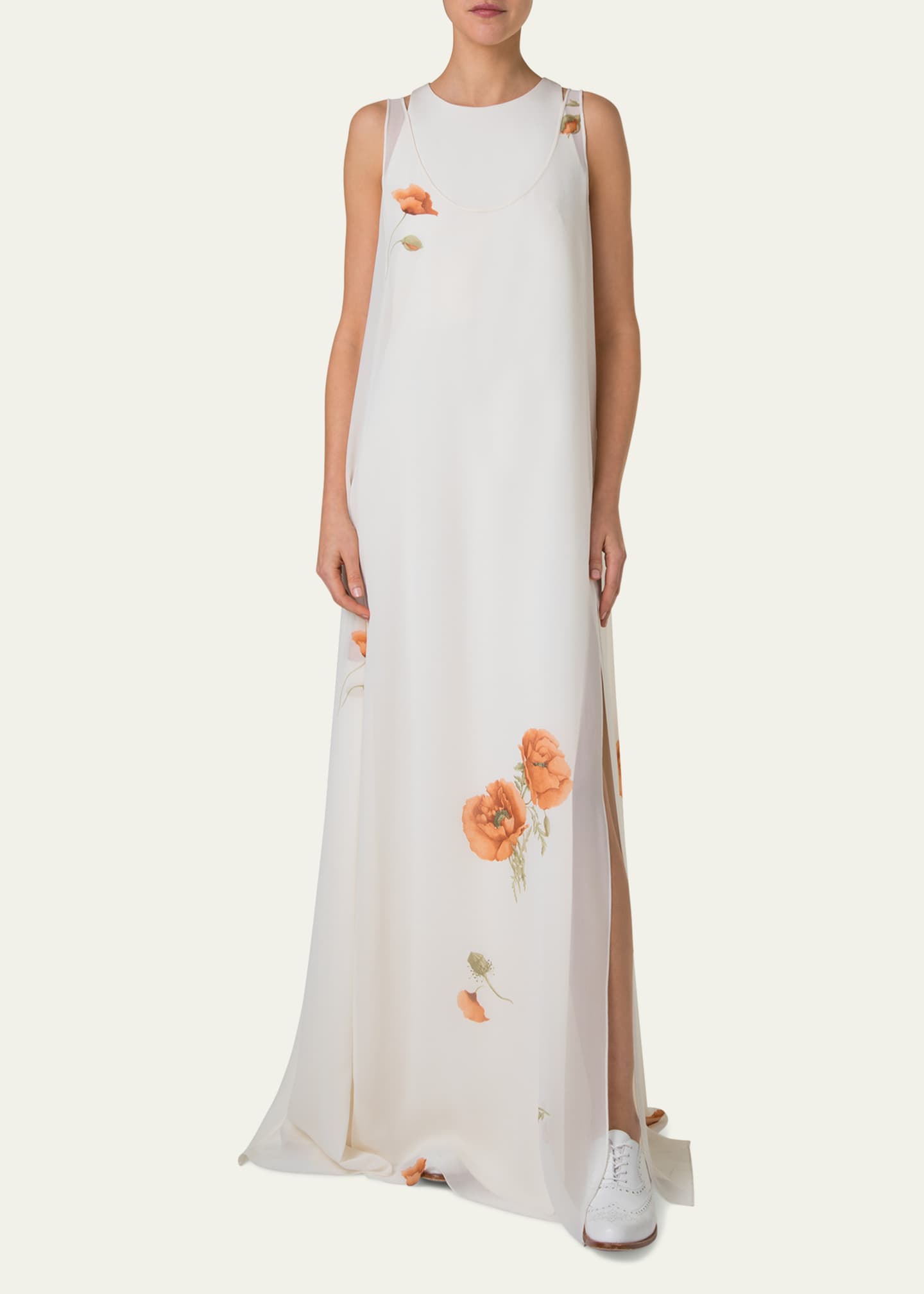 Akris Italian Anemone Print Silk Crepe Georgette Overlayer Gown Image 2 of 5