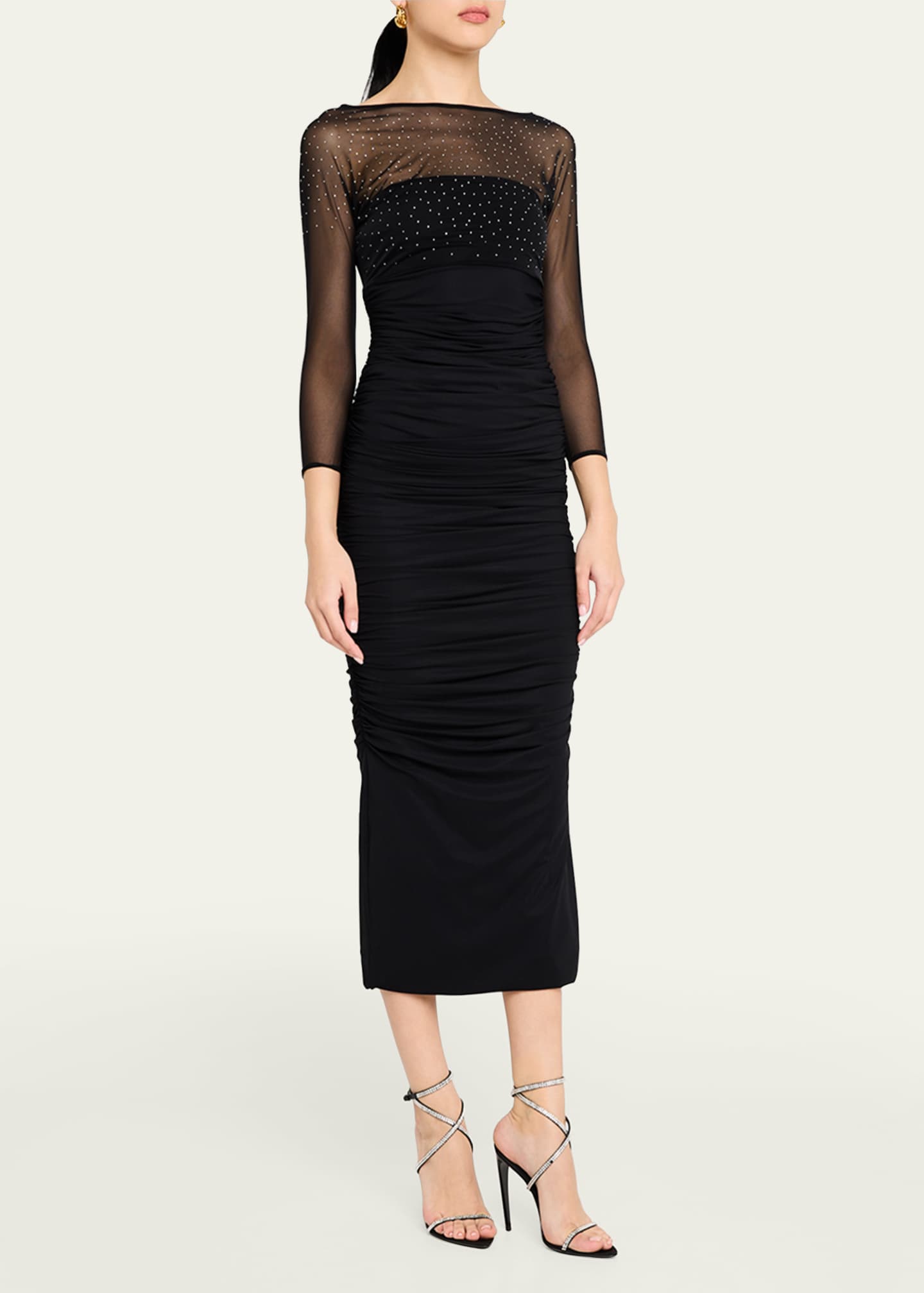 Chiara Boni La Petite Robe Gyun Ruched Rhinestone Illusion Midi Dress Image 2 of 4