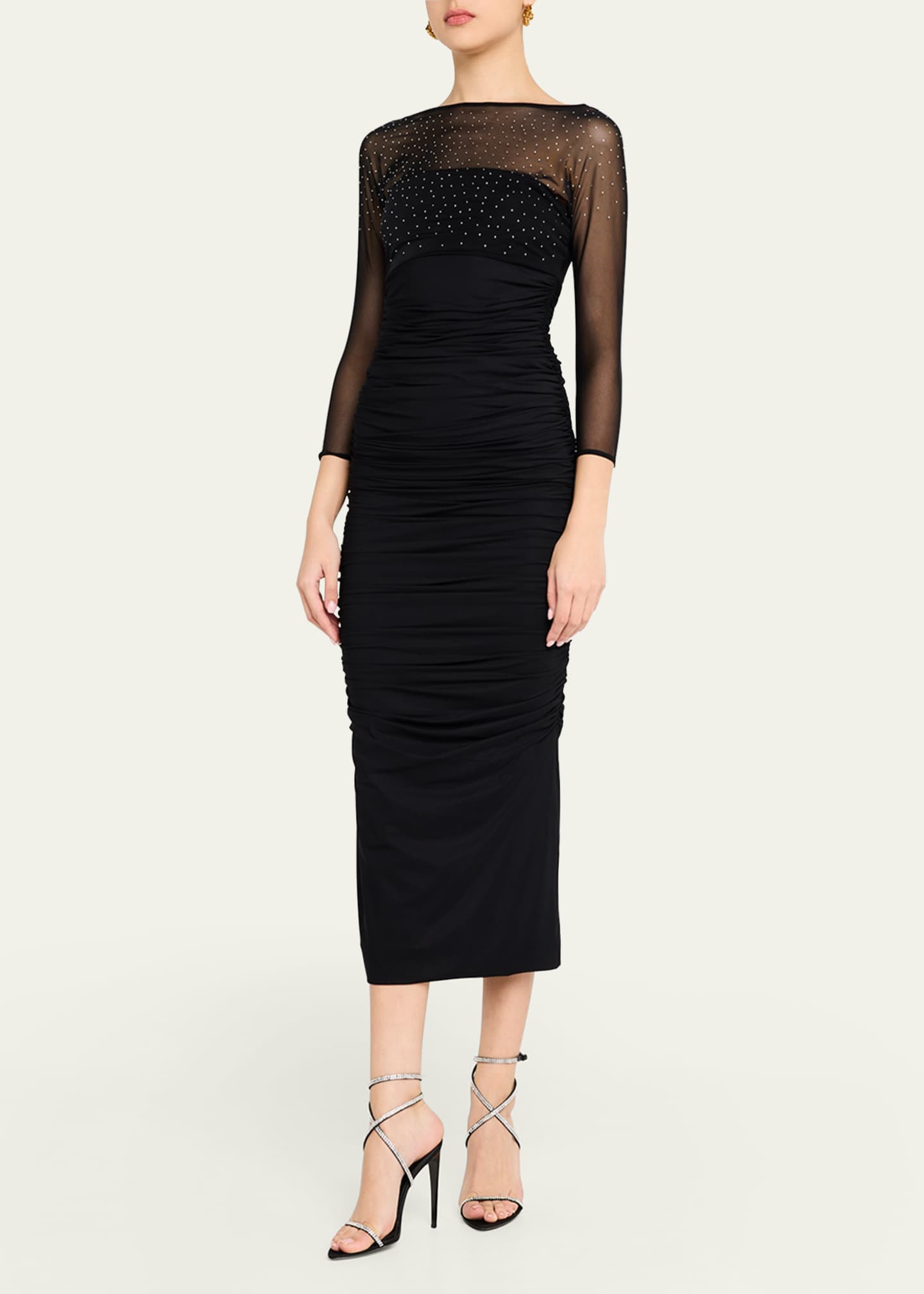 Chiara Boni La Petite Robe Gyun Ruched Rhinestone Illusion Midi Dress Image 4 of 4