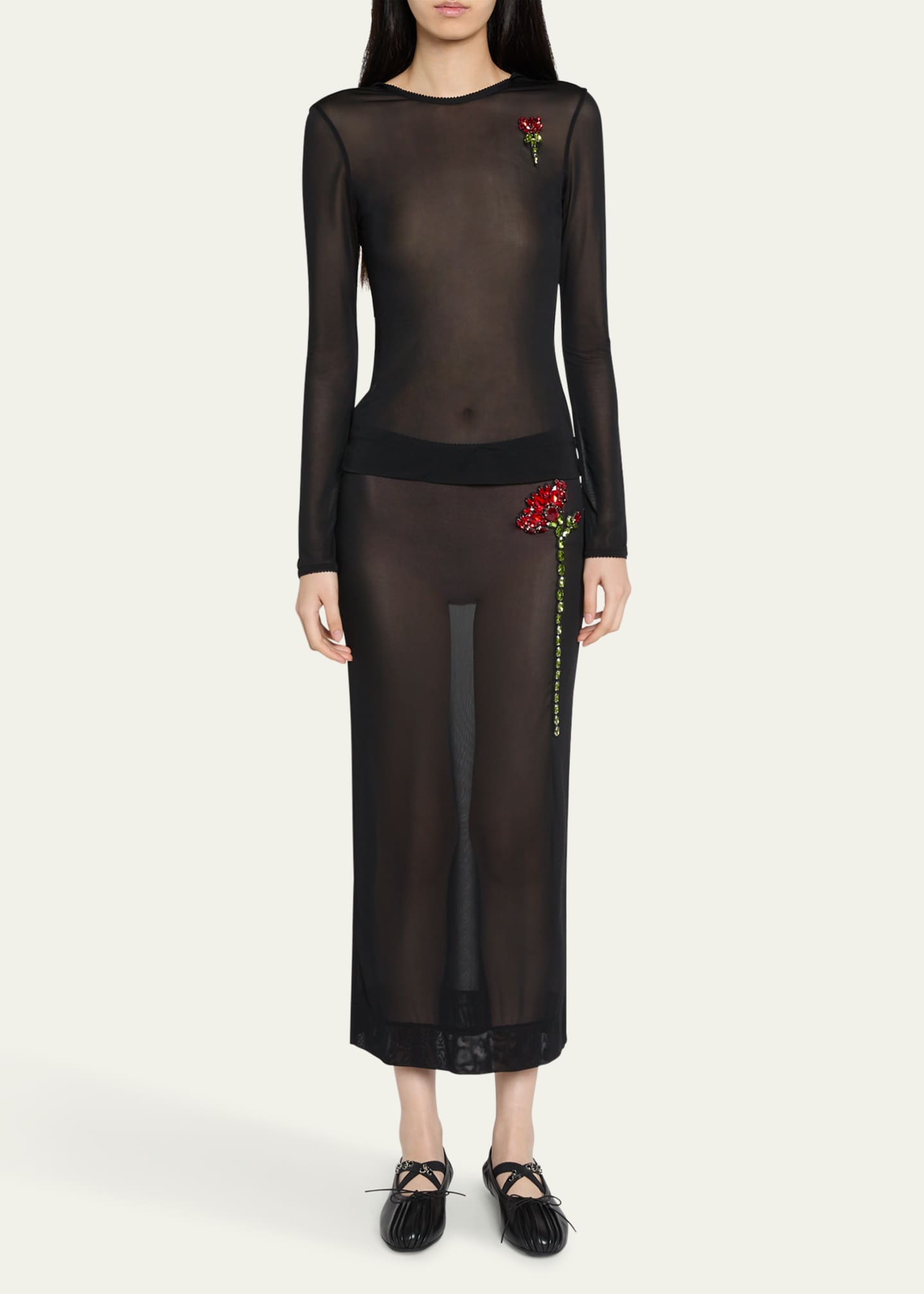 Simone Rocha Sheer Fitted Ballet Mesh Crystal Rose Top Image 2 of 5