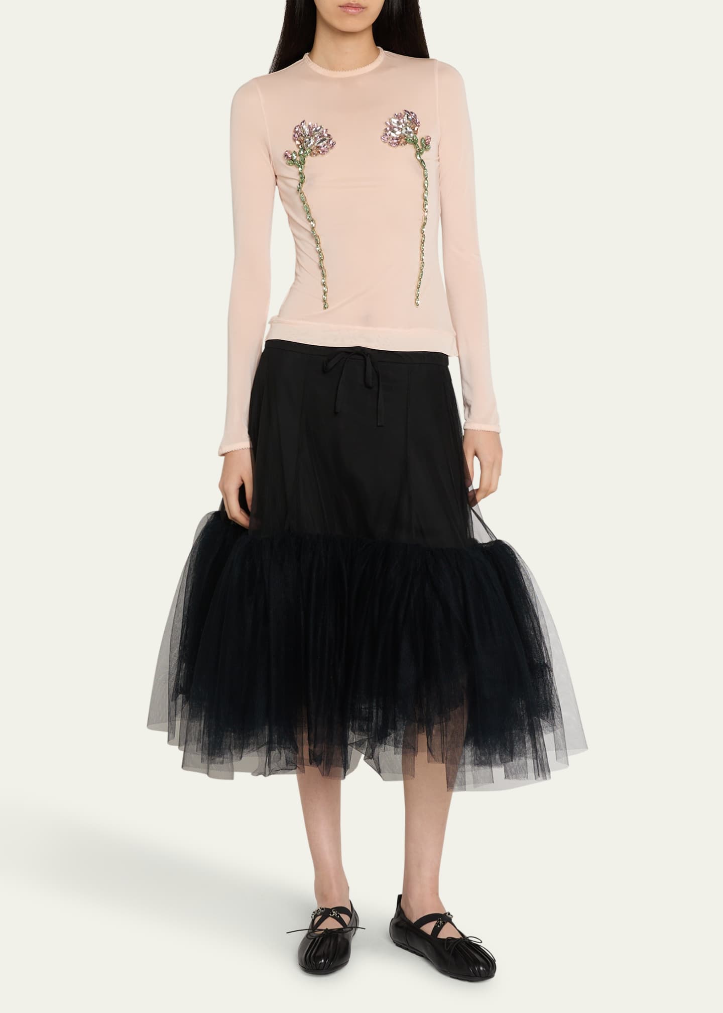 Simone Rocha Sheer Fitted Ballet Mesh Crystal Flowers Top Image 2 of 5