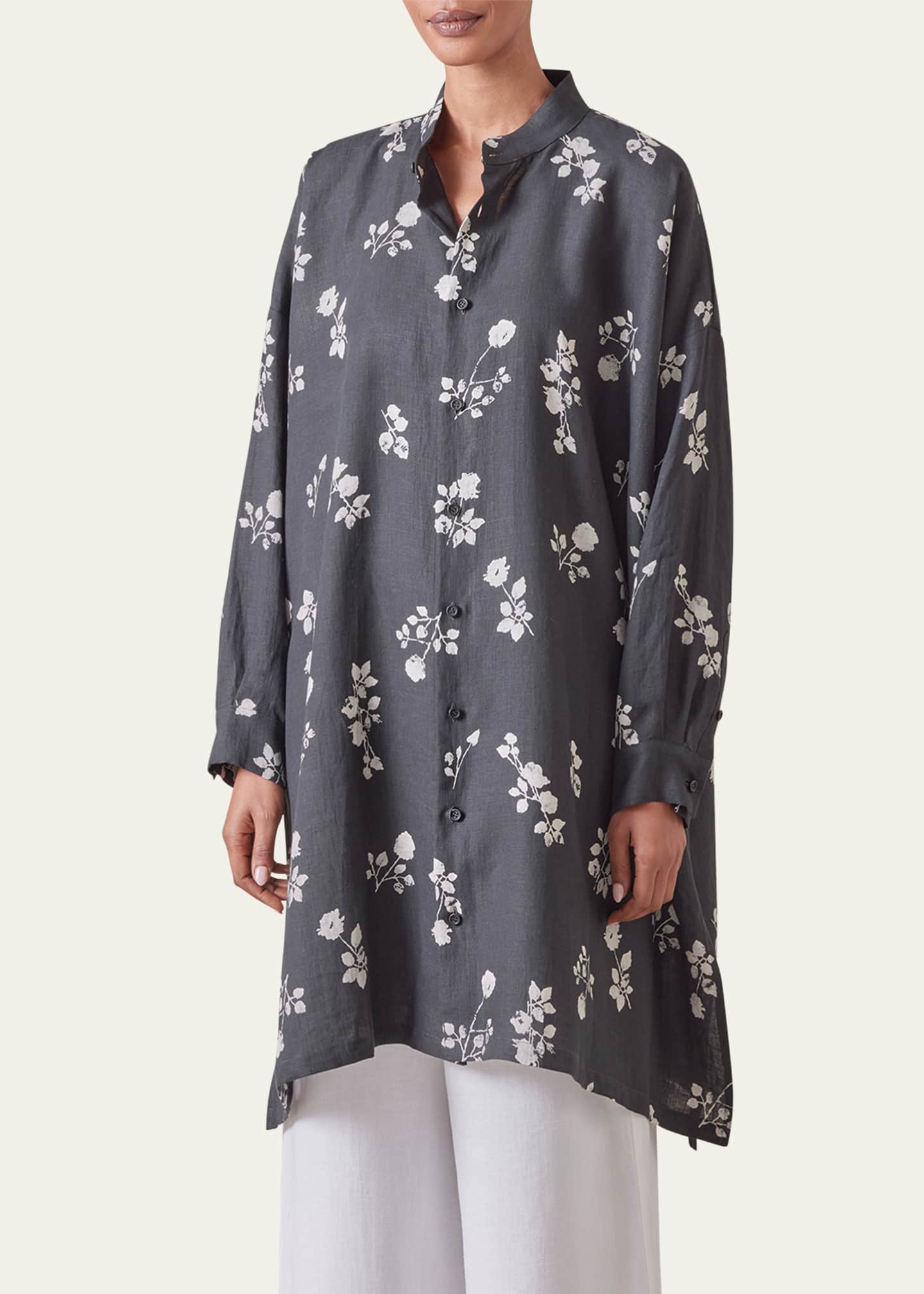Eskandar Wide A-Line Collarless Shirt With Slits (Very Long Length) Image 2 of 5