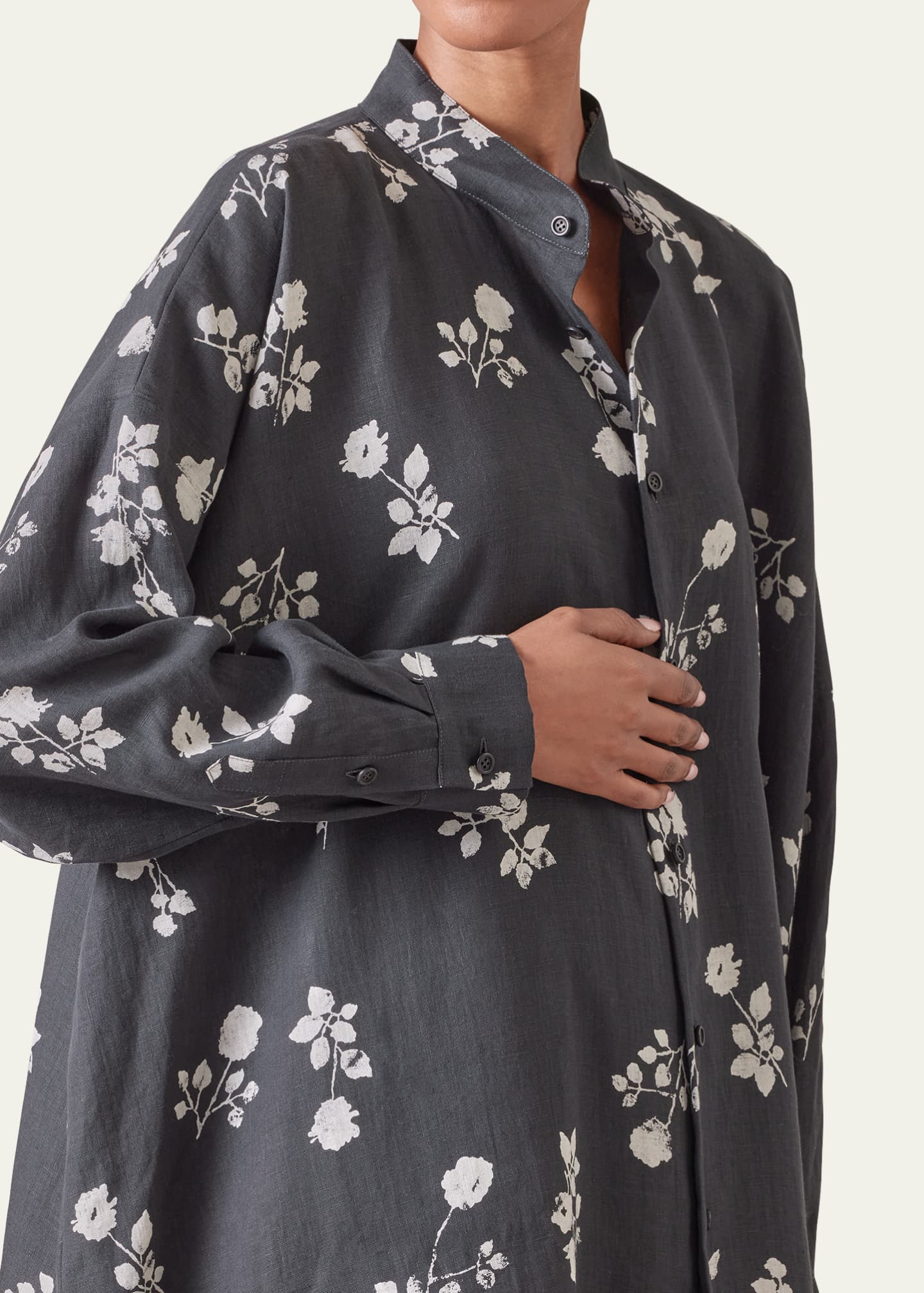 Eskandar Wide A-Line Collarless Shirt With Slits (Very Long Length) Image 5 of 5