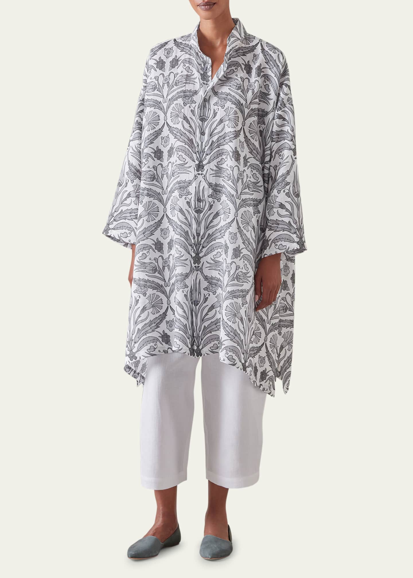 Eskandar Wide A-Line Collarless Shirt with Slits (Very Long) Image 2 of 5