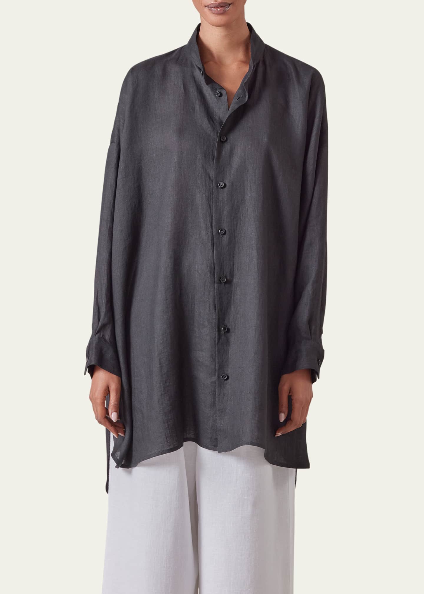 Eskandar Wide A-Line Collarless Shirt with Slits (Long Plus) Image 2 of 4