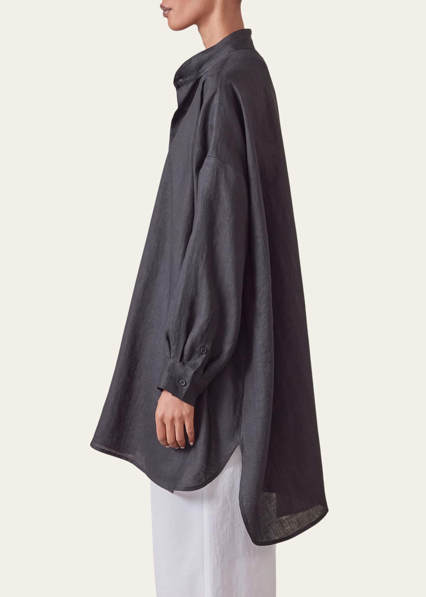 Eskandar Wide A-Line Collarless Shirt with Slits (Long Plus) Image 4 of 4