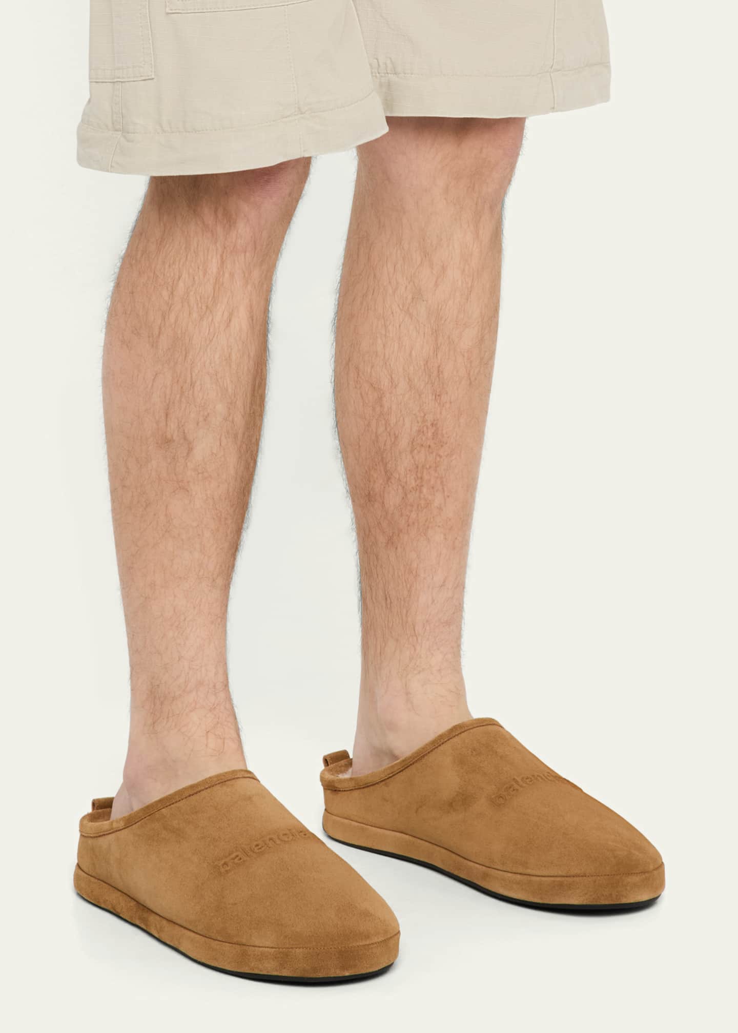 Balenciaga Men's Alaska Suede Embossed-Logo Slippers Image 2 of 6