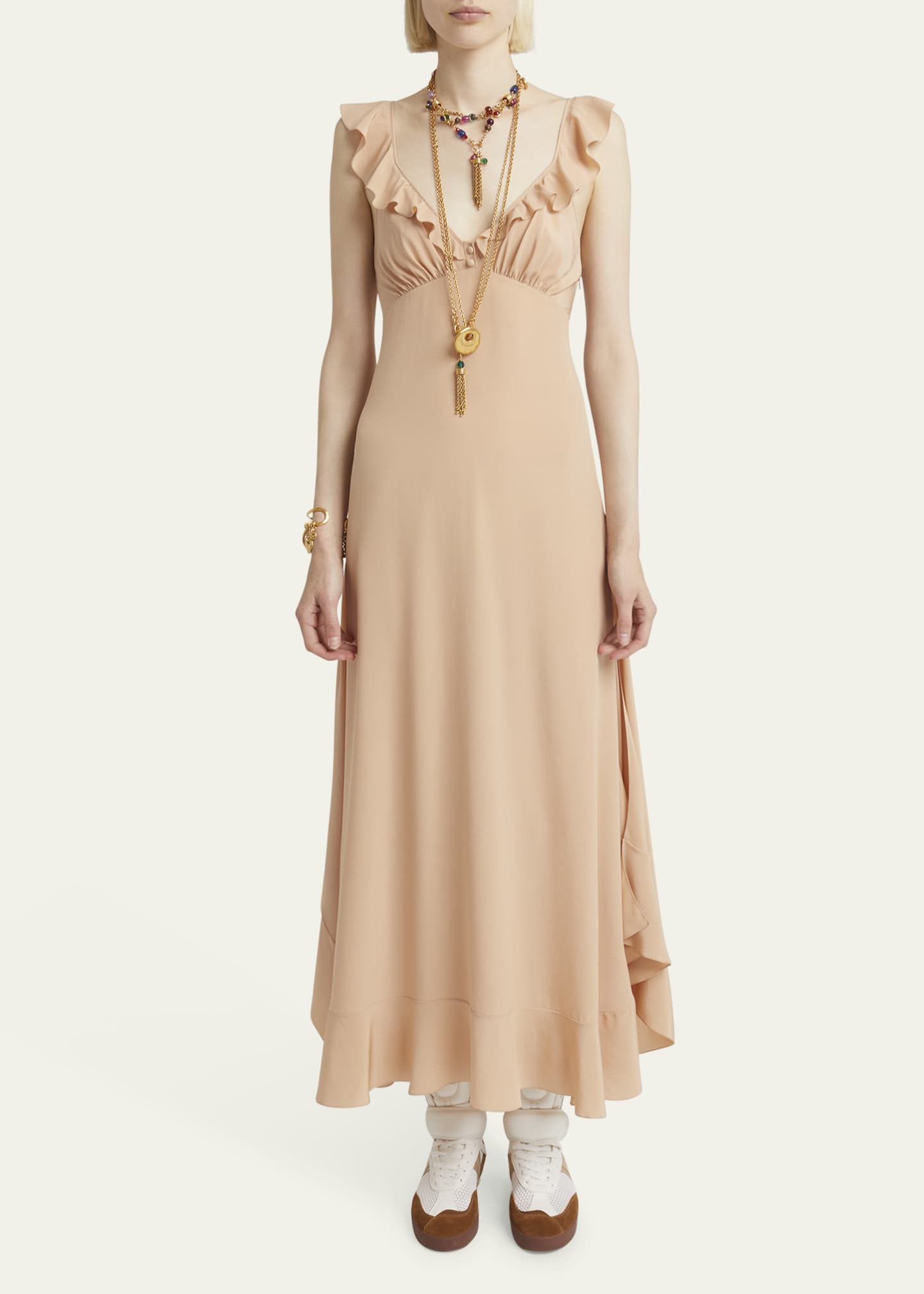 Chloe Long Ruffle Crepe De Chine Dress Image 2 of 5