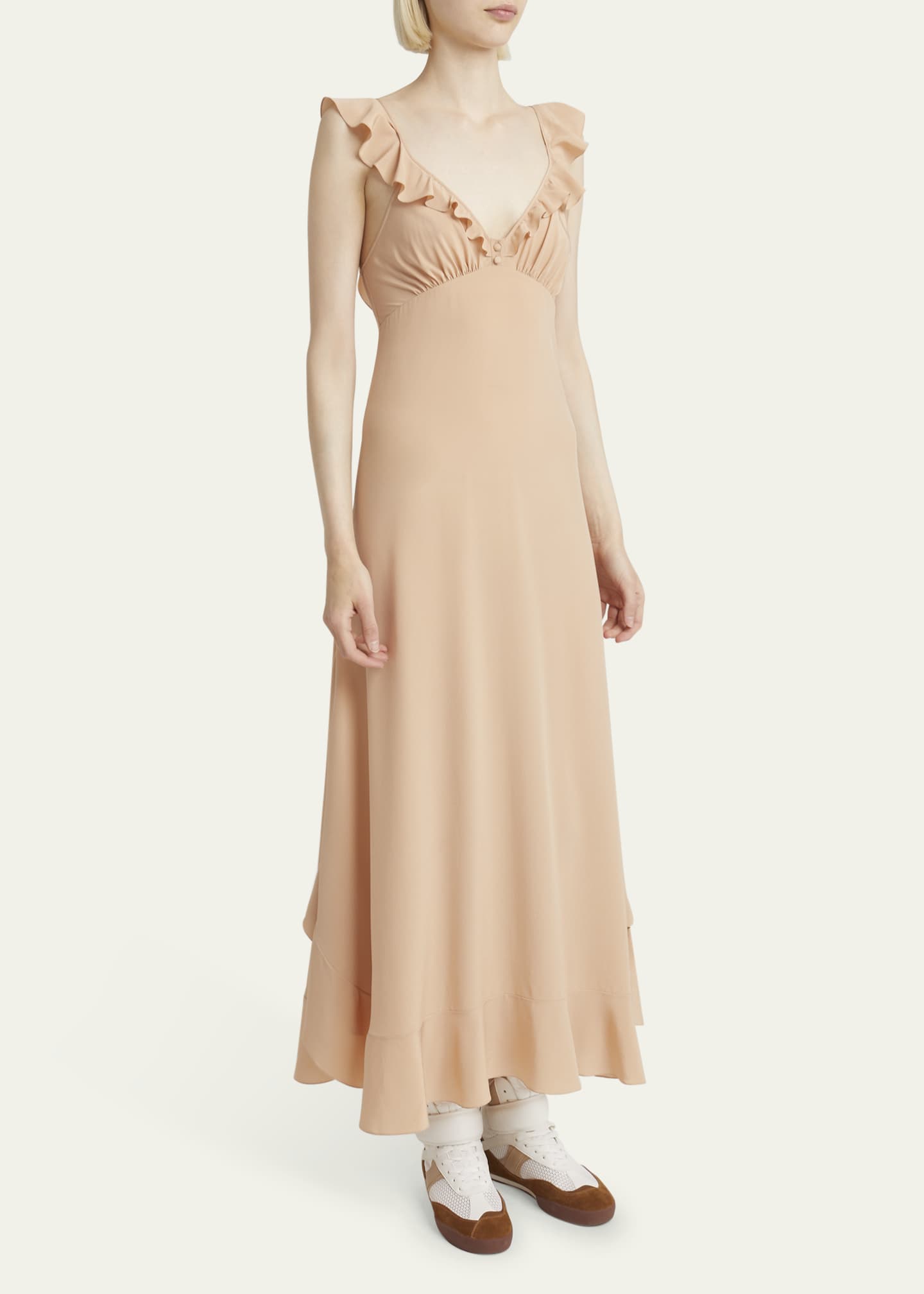 Chloe Long Ruffle Crepe De Chine Dress Image 4 of 5