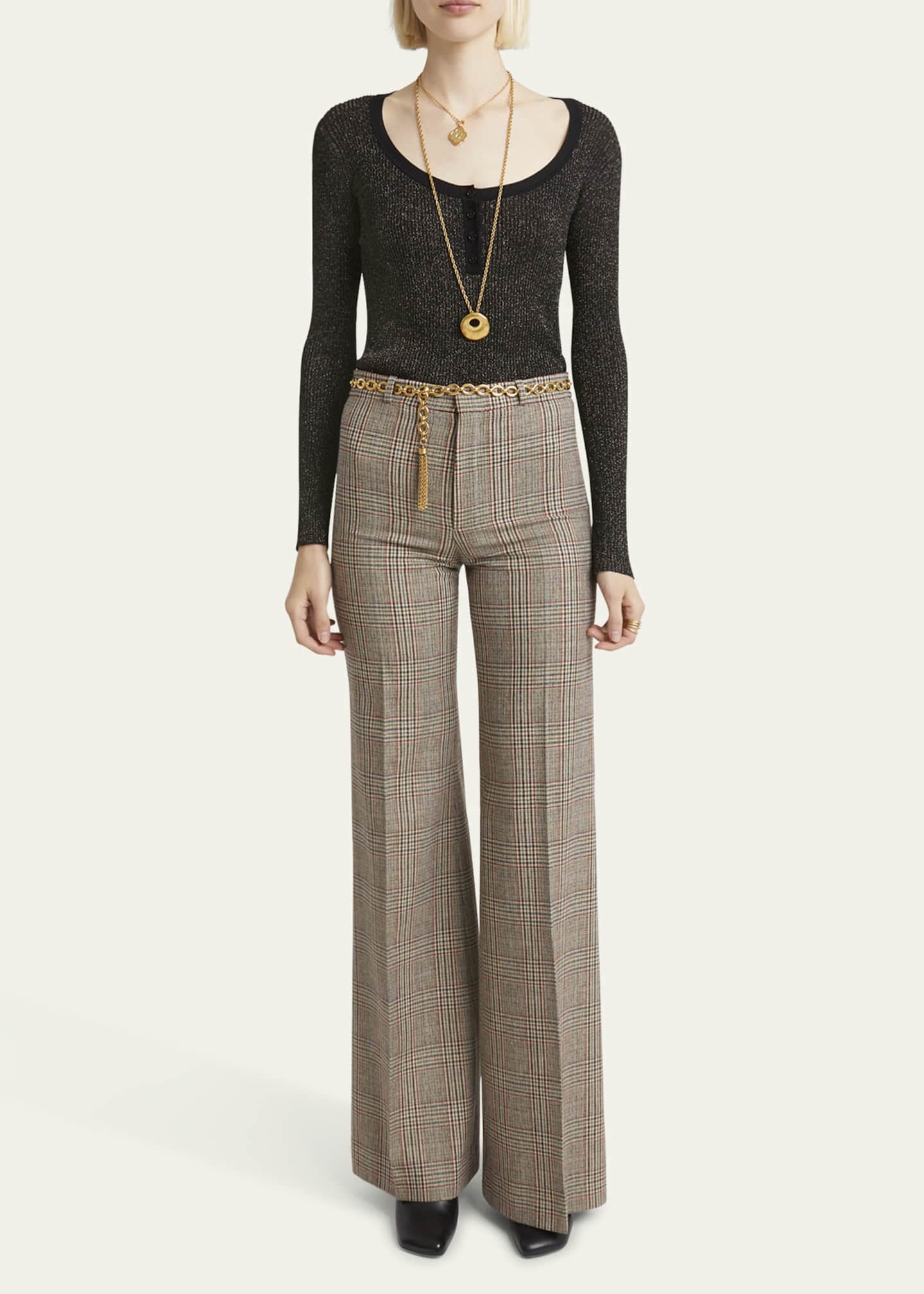 Prince of Wales Wide Leg Wool Trousers