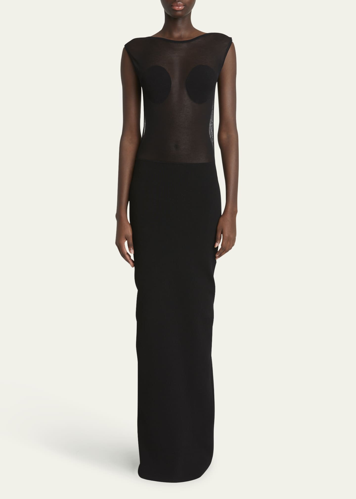 Platano Long Sheer Open-Back Gown