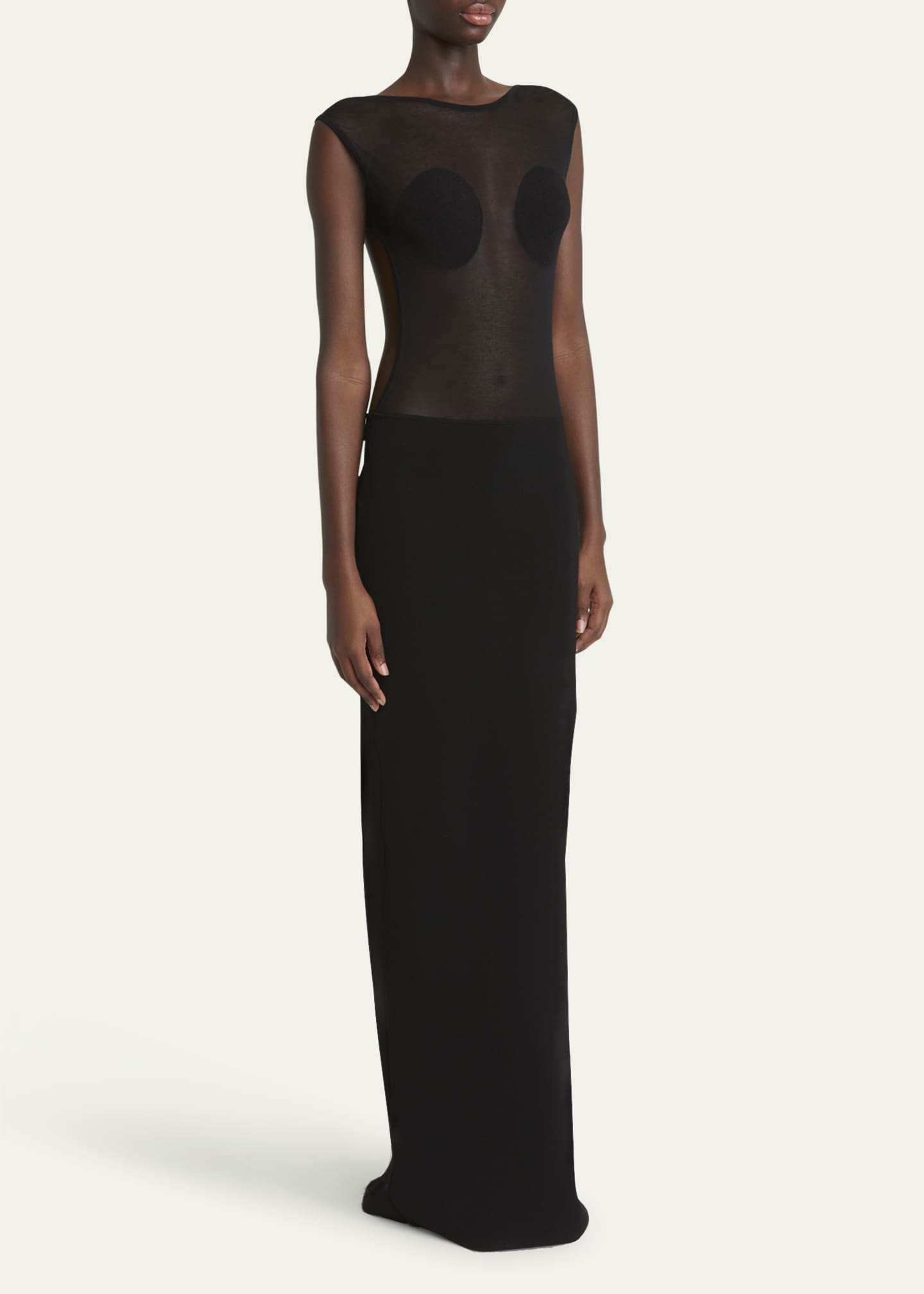 Platano Long Sheer Open-Back Gown