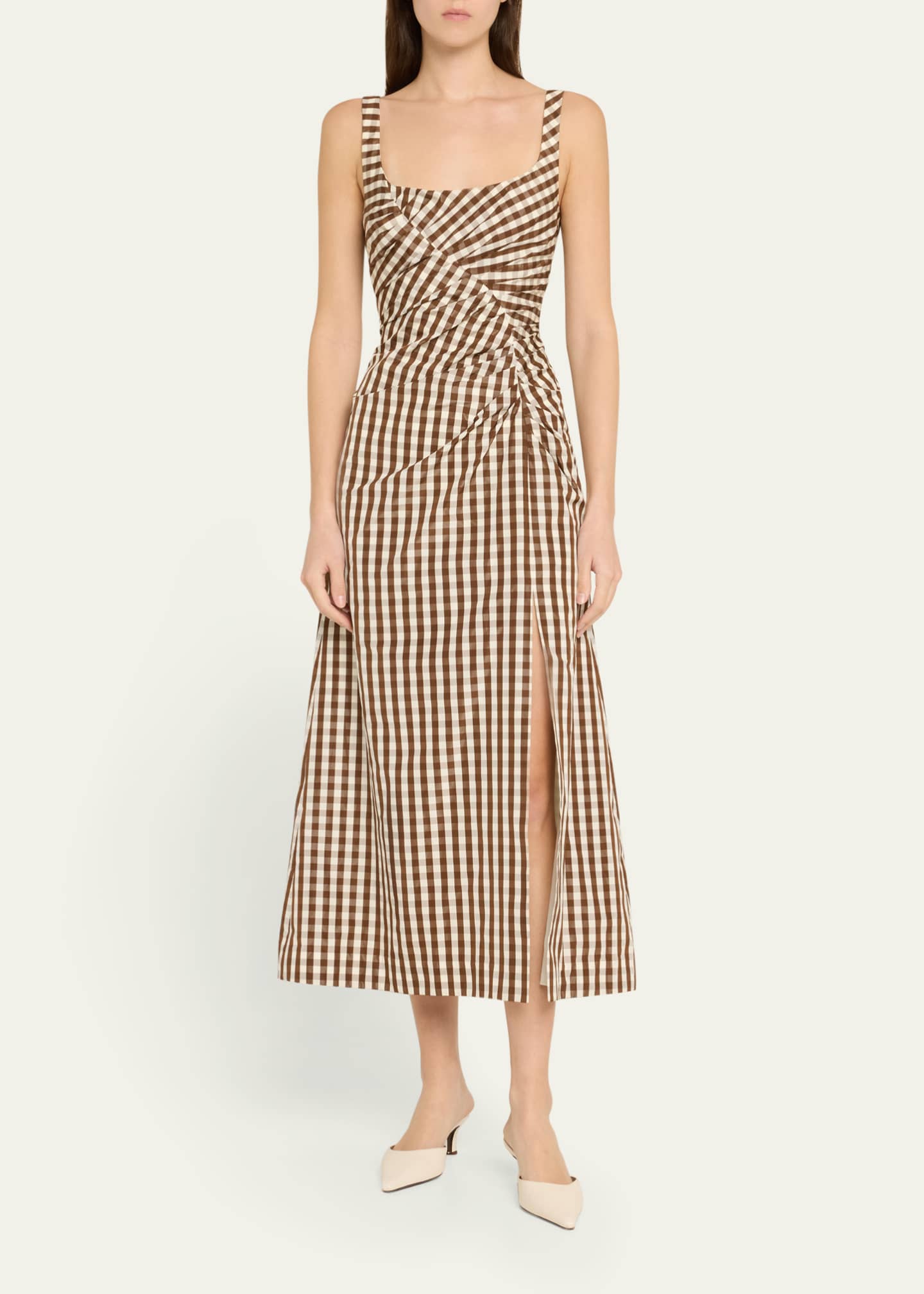 Lela Rose Plaid Taffeta Ruched Sleeveless Midi Dress Image 2 of 5