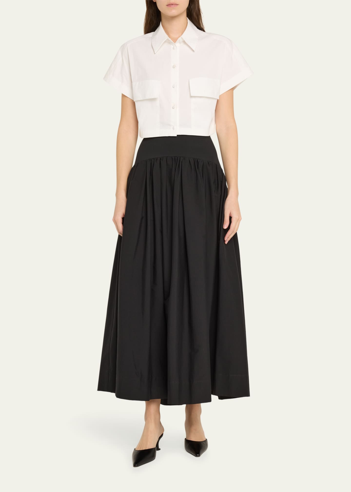 Lela Rose Drop-Waist Gathered Cotton Poplin Midi Skirt Image 2 of 5