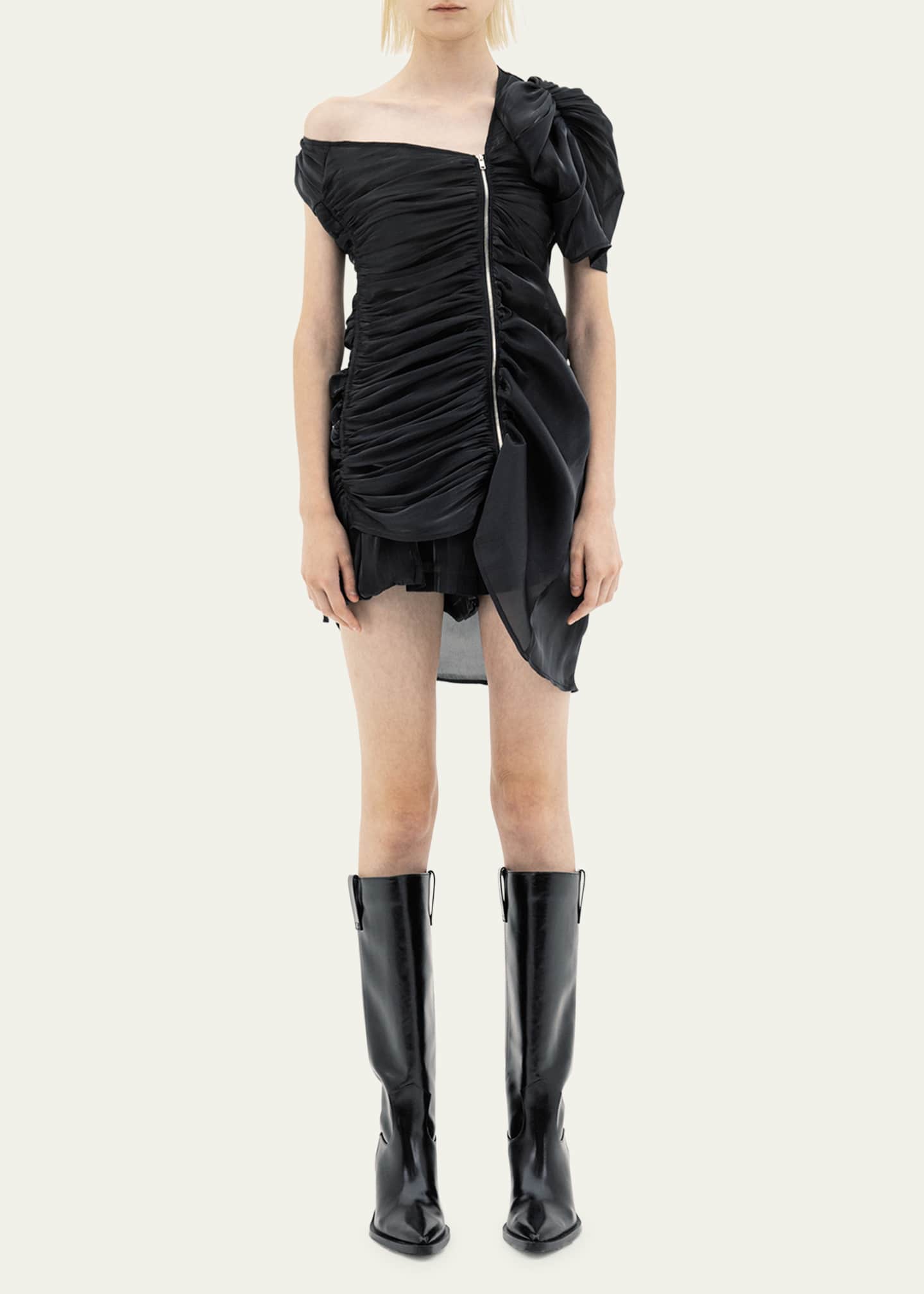 Off-Shoulder Decon Draped Zip Front Mini Dress - Thumbnail 2