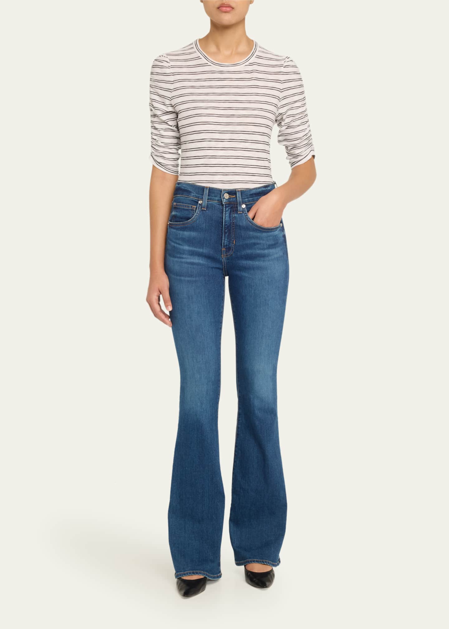 Veronica Beard Waldorf Stripe Ruched-Sleeve Tee Image 2 of 5