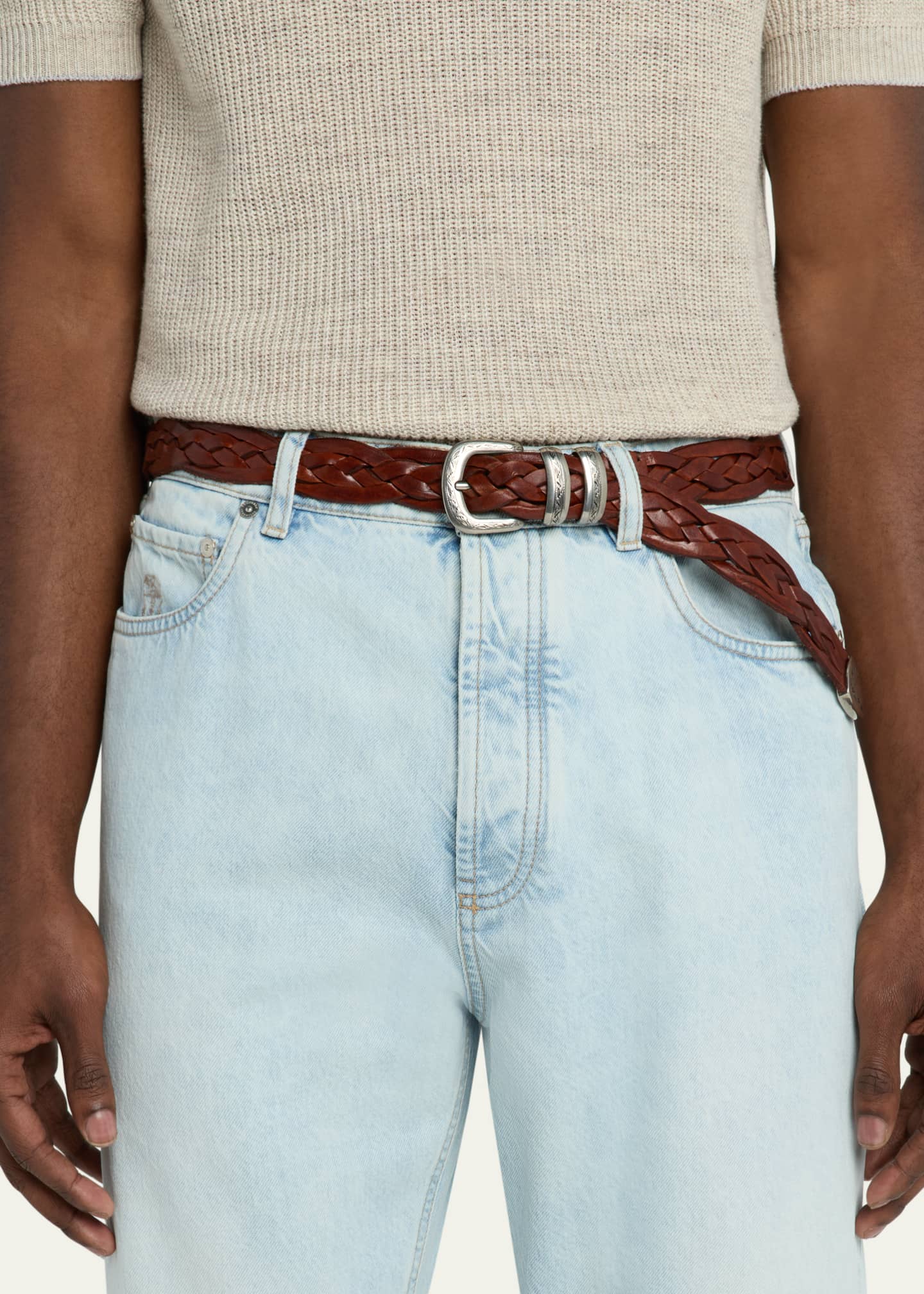 Brunello Cucinelli Men's Woven Leather Western Belt Image 2 of 2