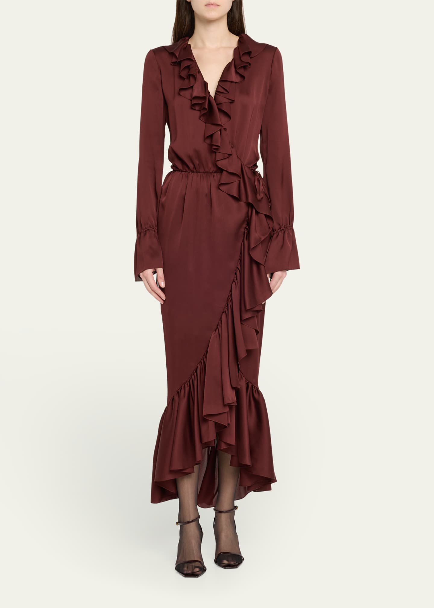 Saint Laurent Long Ruffle Trim Wrap Silk Dress - Bergdorf Goodman