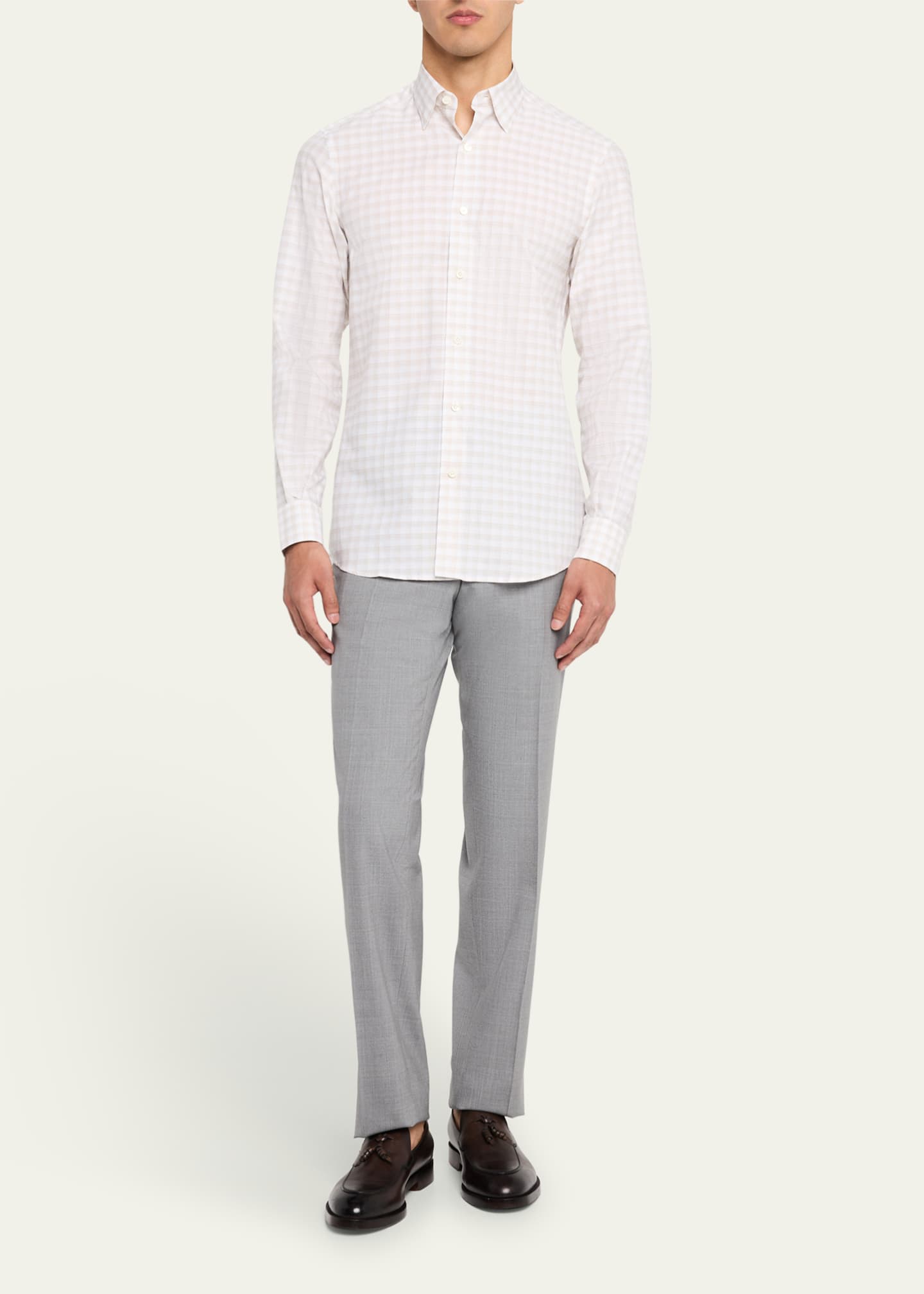 ZEGNA Men's Check Centoquaranta Cotton Twill Sport Shirt Image 2 of 5