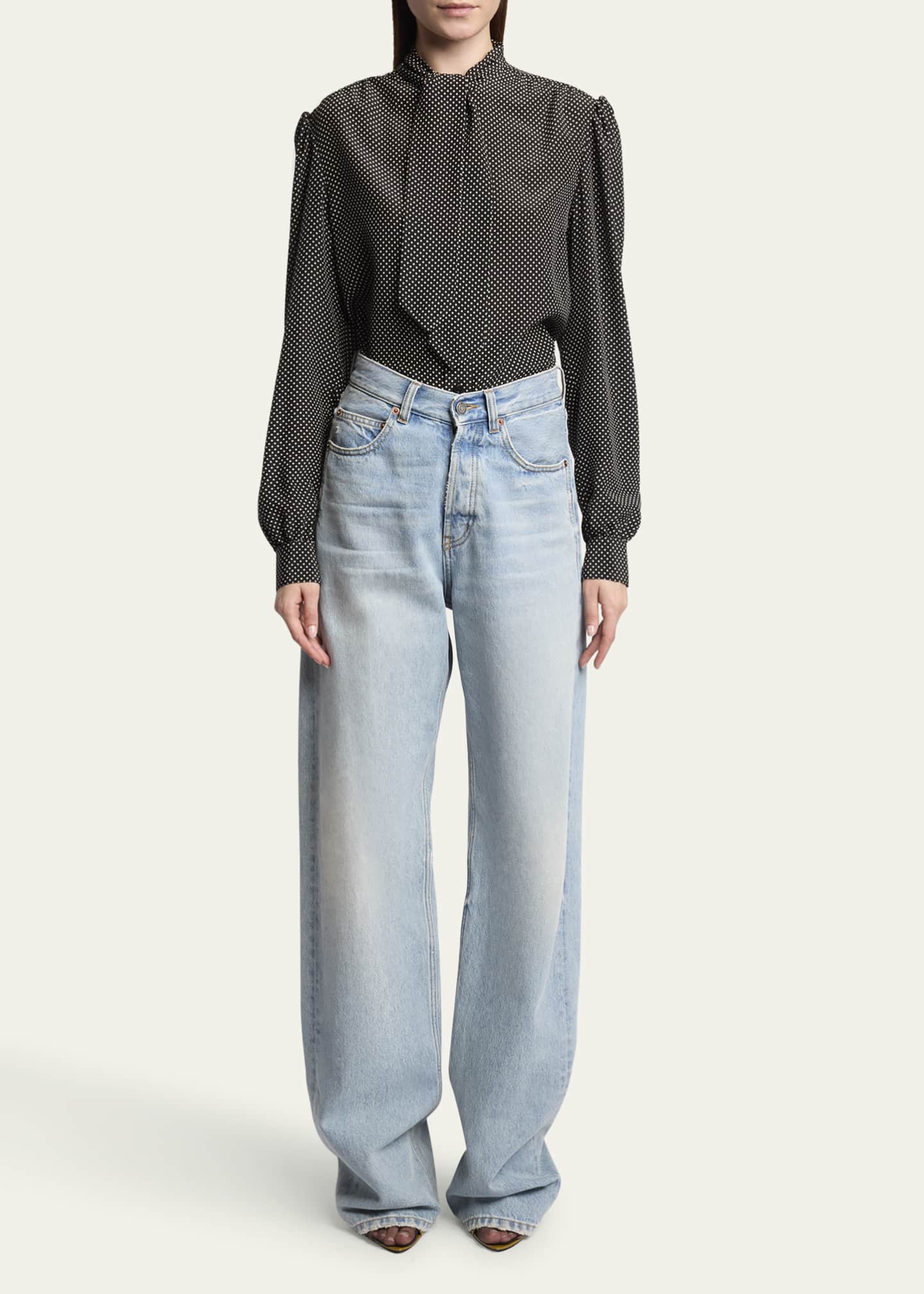Saint Laurent Polka Dot Tie-Neck Button Down Silk Blouse Image 2 of 5