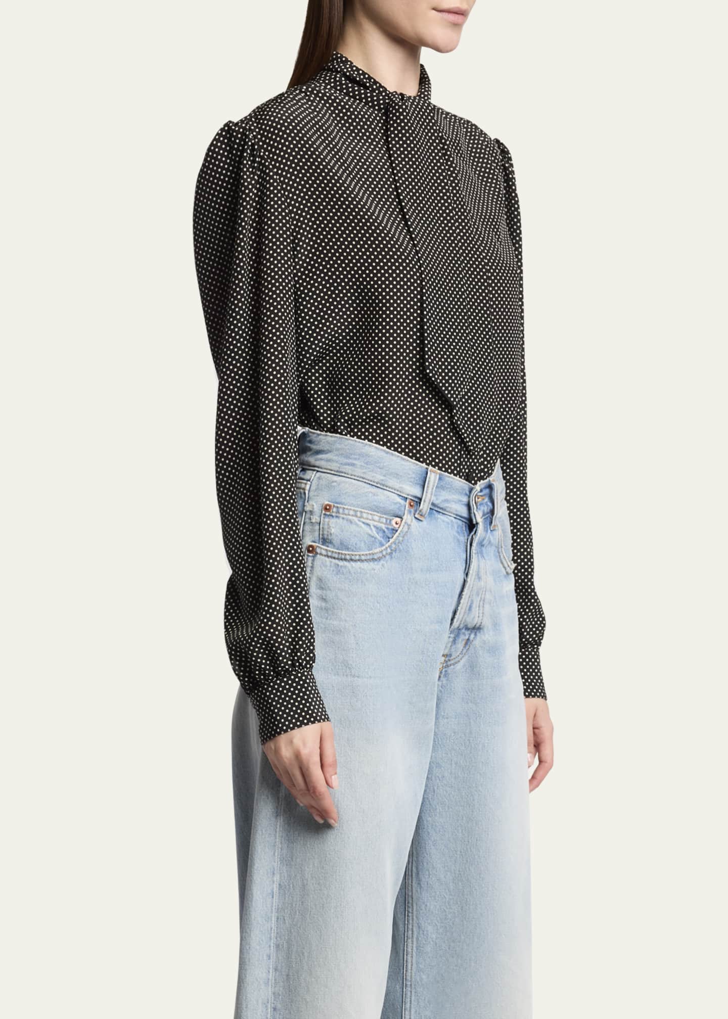 Saint Laurent Polka Dot Tie-Neck Button Down Silk Blouse Image 4 of 5