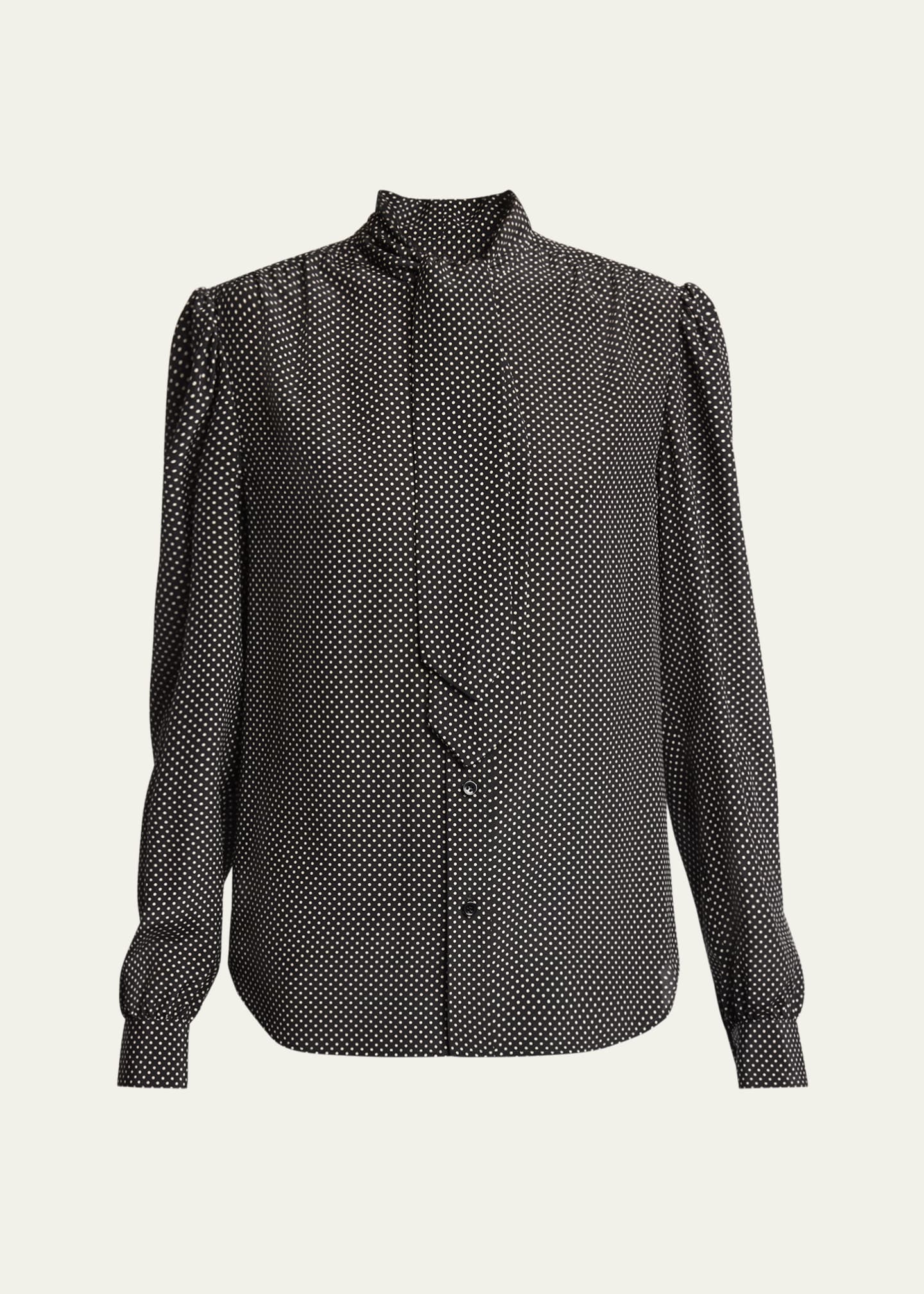 Saint Laurent Polka Dot Tie-Neck Button Down Silk Blouse Image 1 of 5