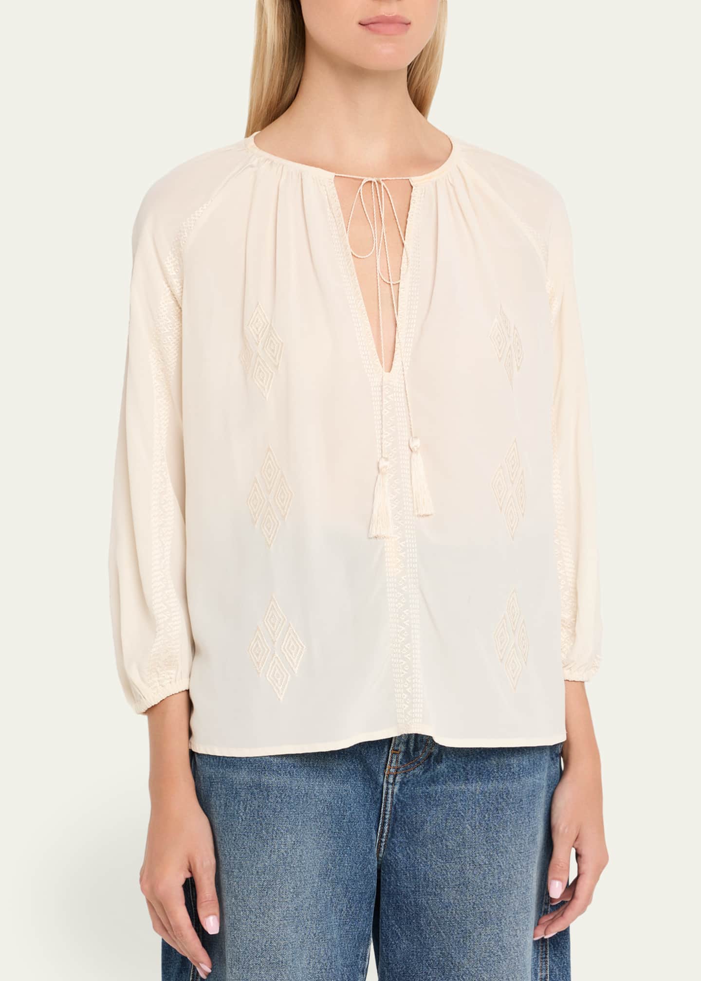 Nili Lotan Cristo Embroidered Silk V-Neck Blouse Image 4 of 5