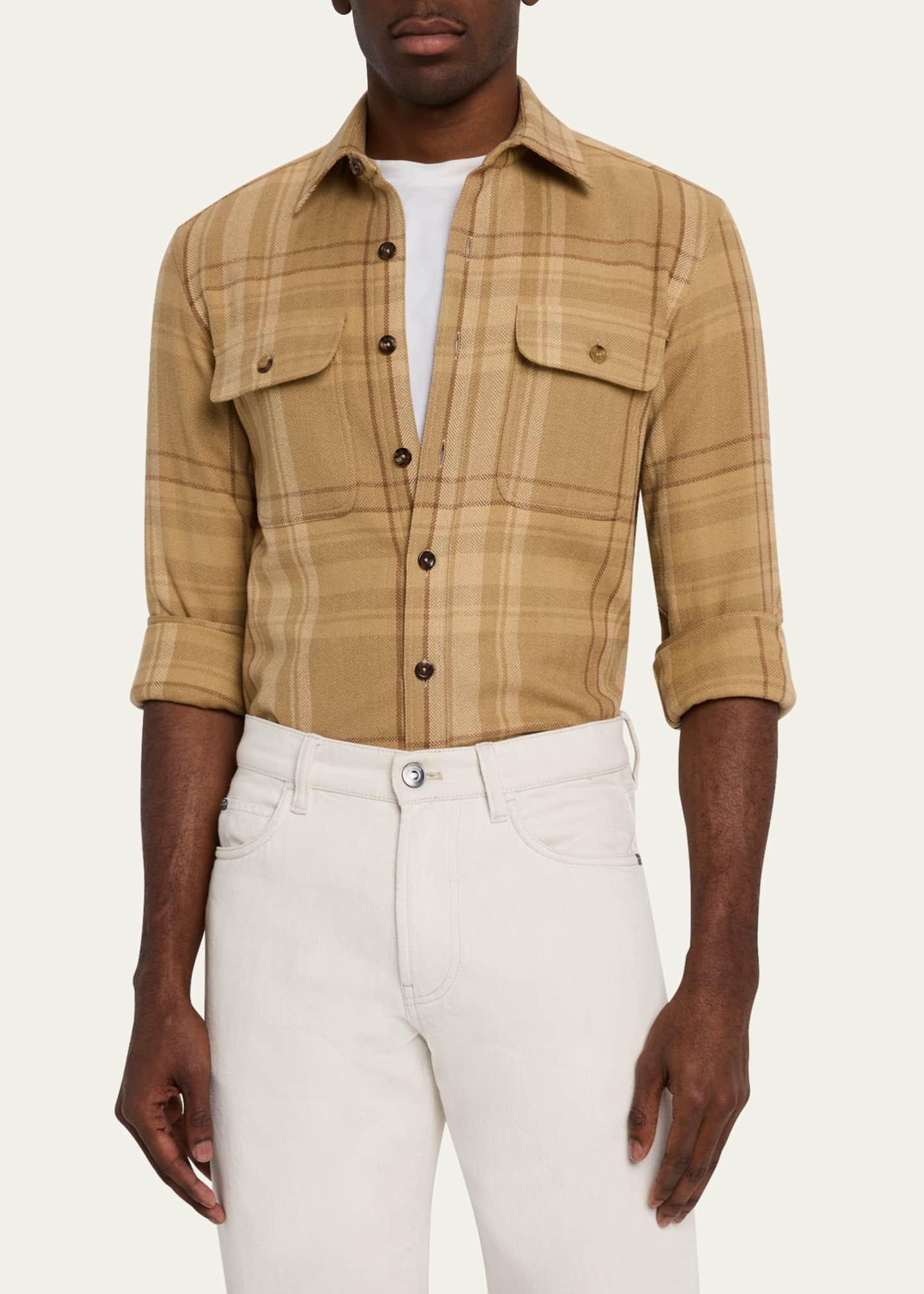 Ralph Lauren Purple Label Men's James Suede-Patch Plaid Sport Shirt Image 4 of 5