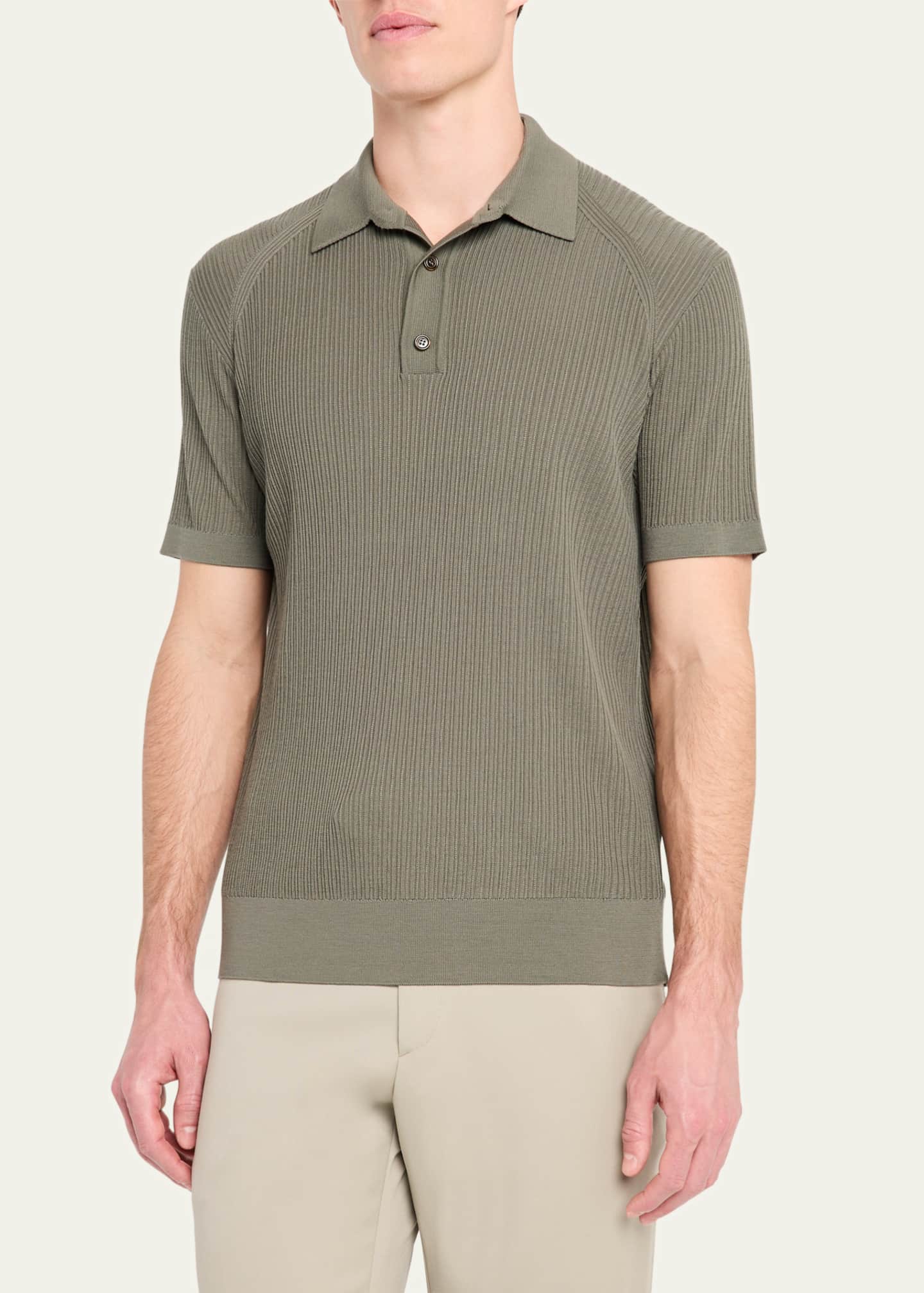 Brioni Men's Wool Ribbed Short-Sleeve Polo Sweater Image 4 of 5